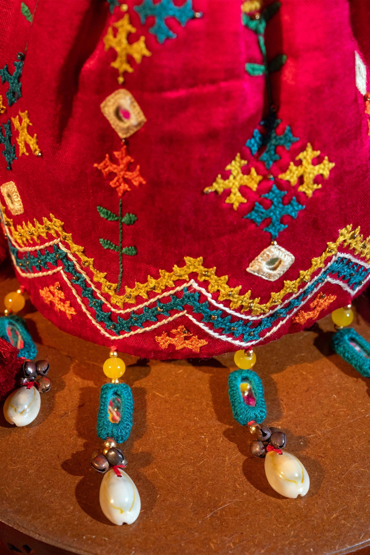 Pink Flower Rabari Ivory Potli