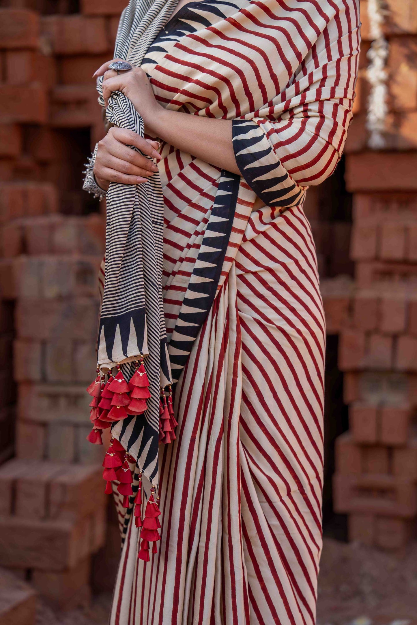 Saree With Block Print and Tassels