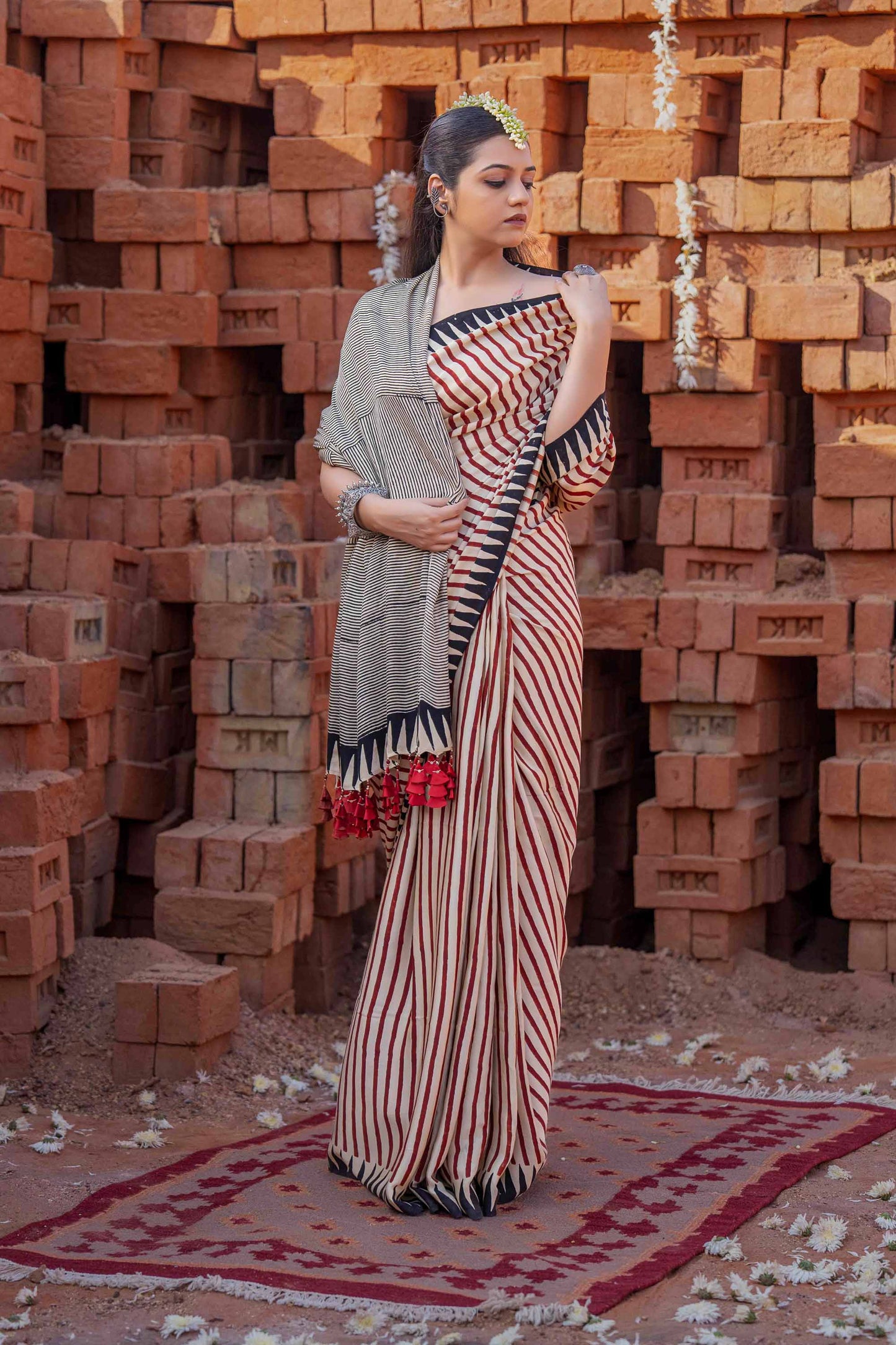 Saree With Block Print and Tassels