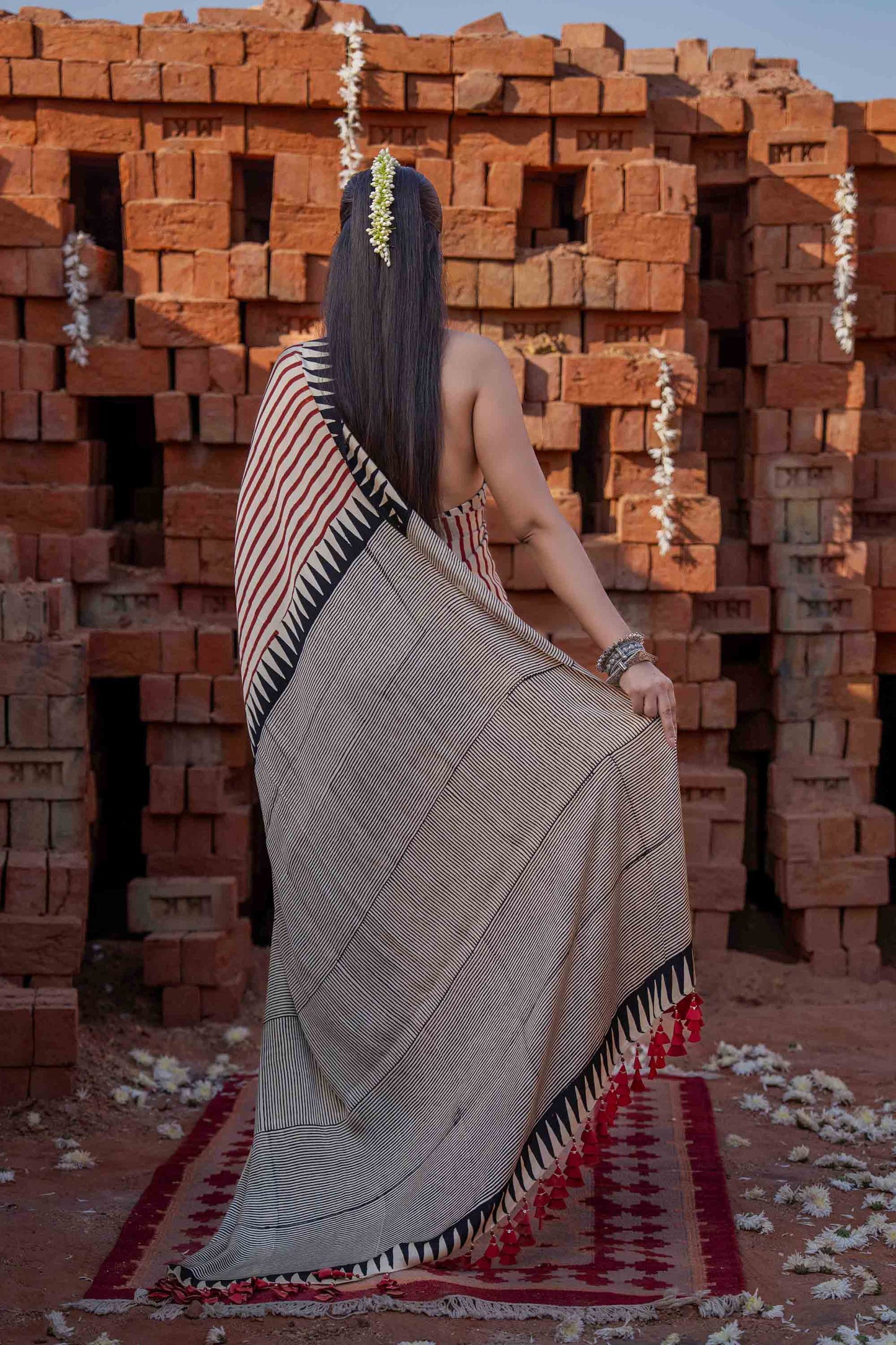 Saree With Block Print and Tassels