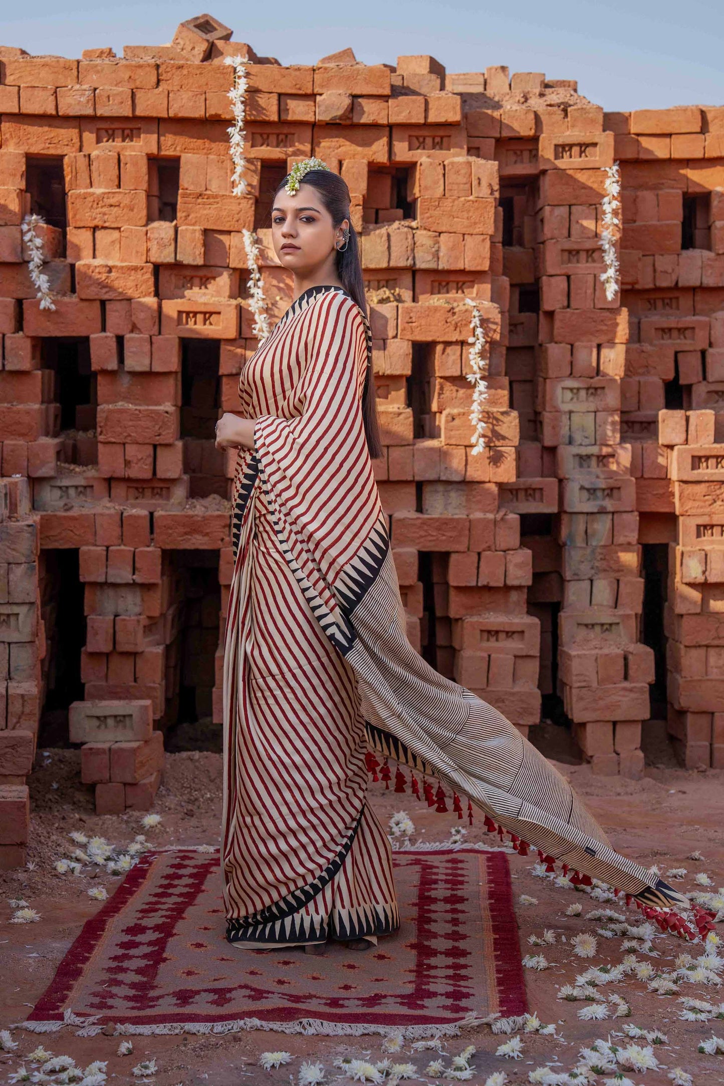 Saree With Block Print and Tassels