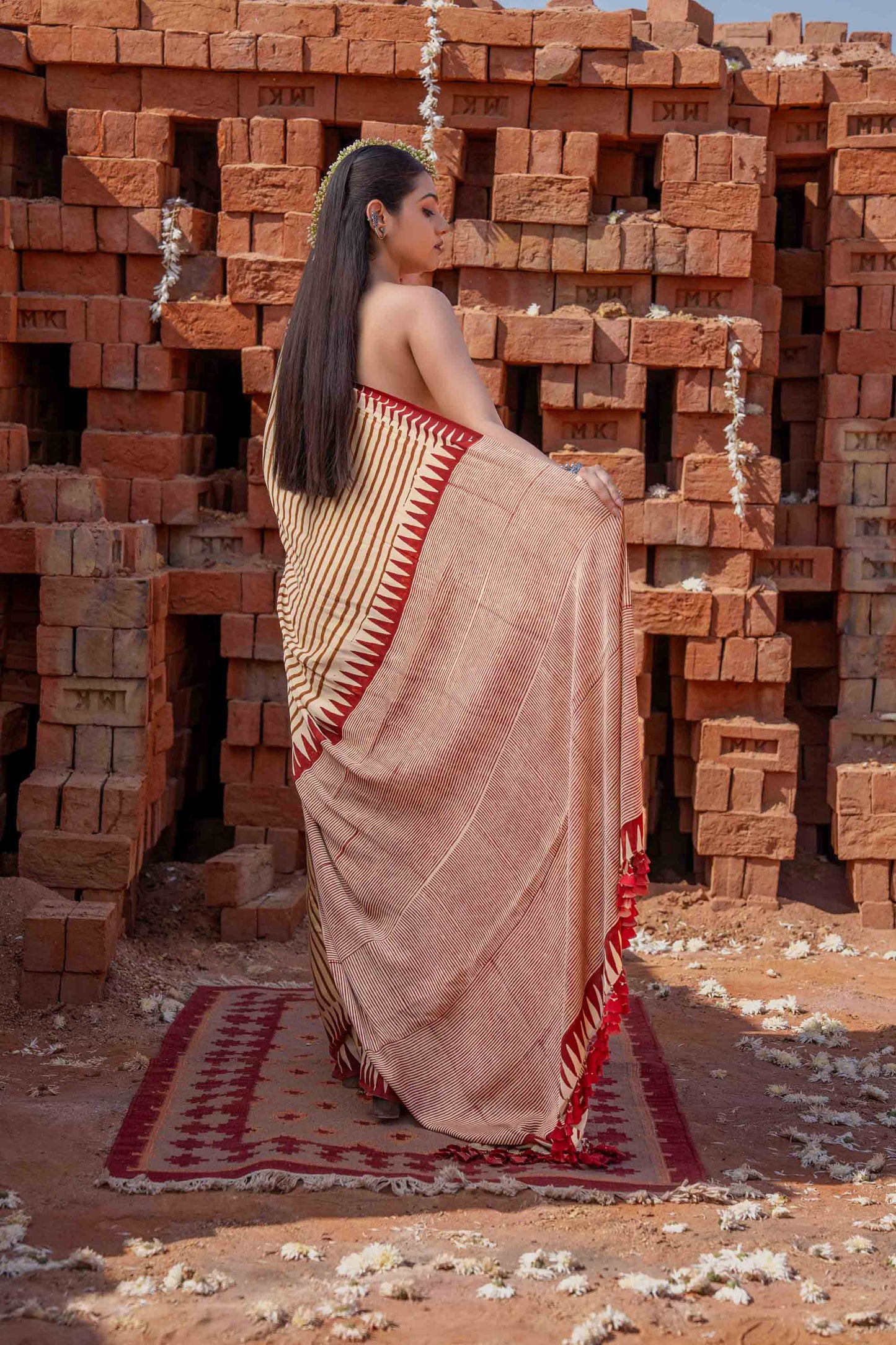 Saree With Block Print and Tassels