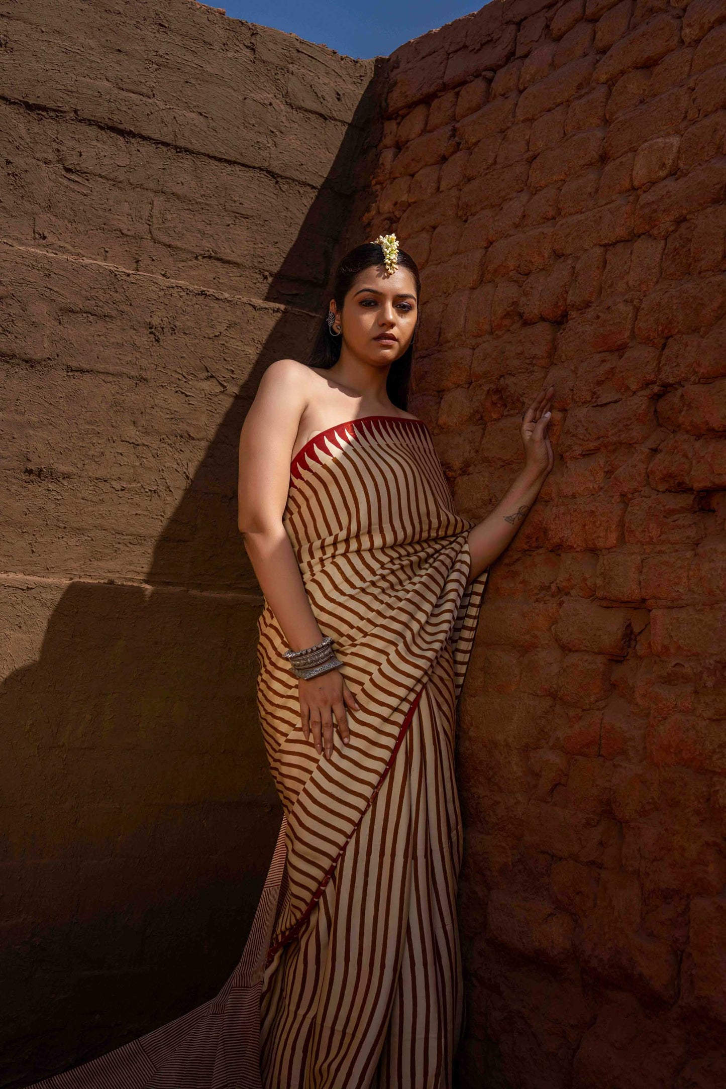 Saree With Block Print and Tassels