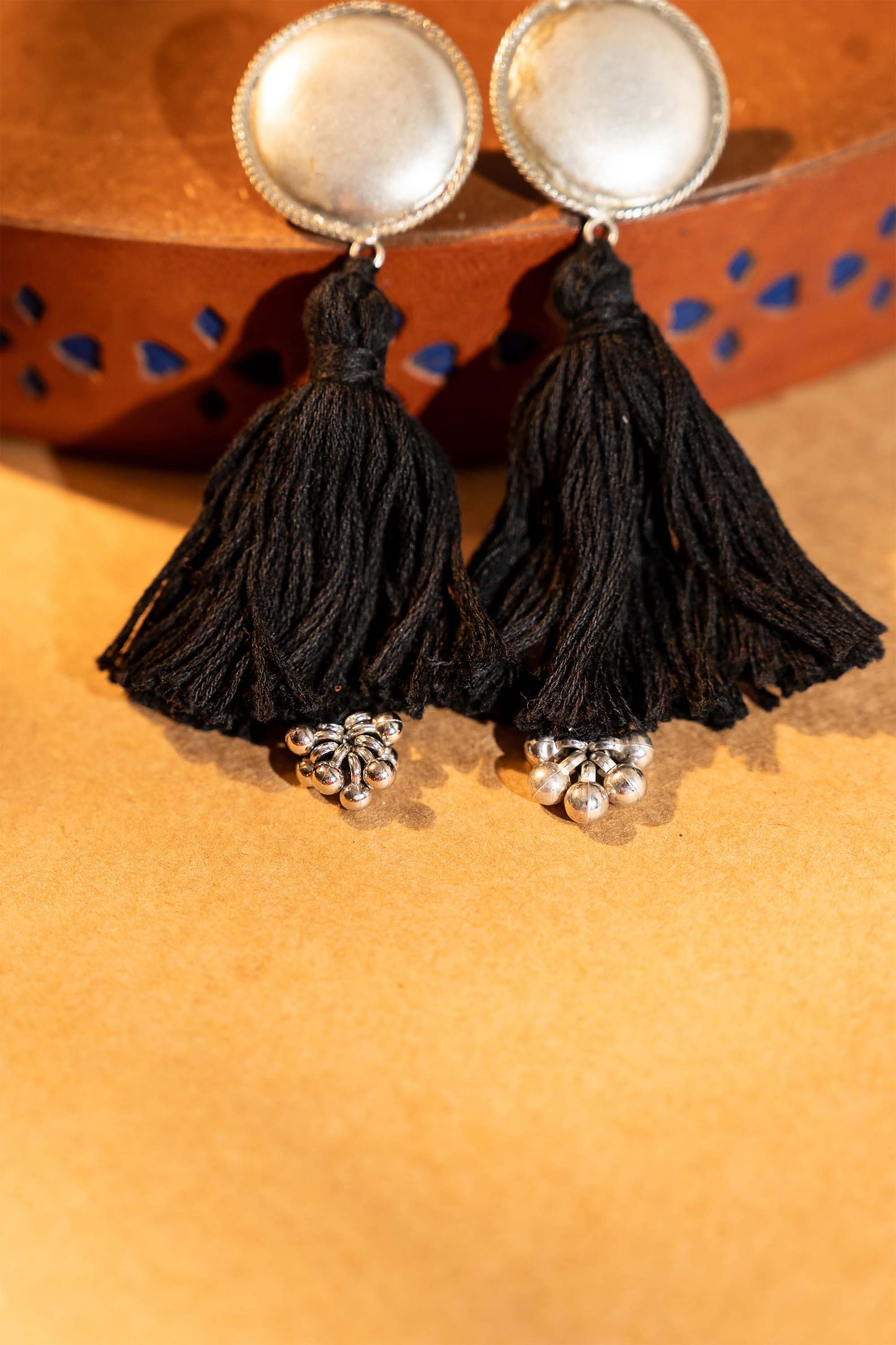 Oxidised Sun Tassel Earrings