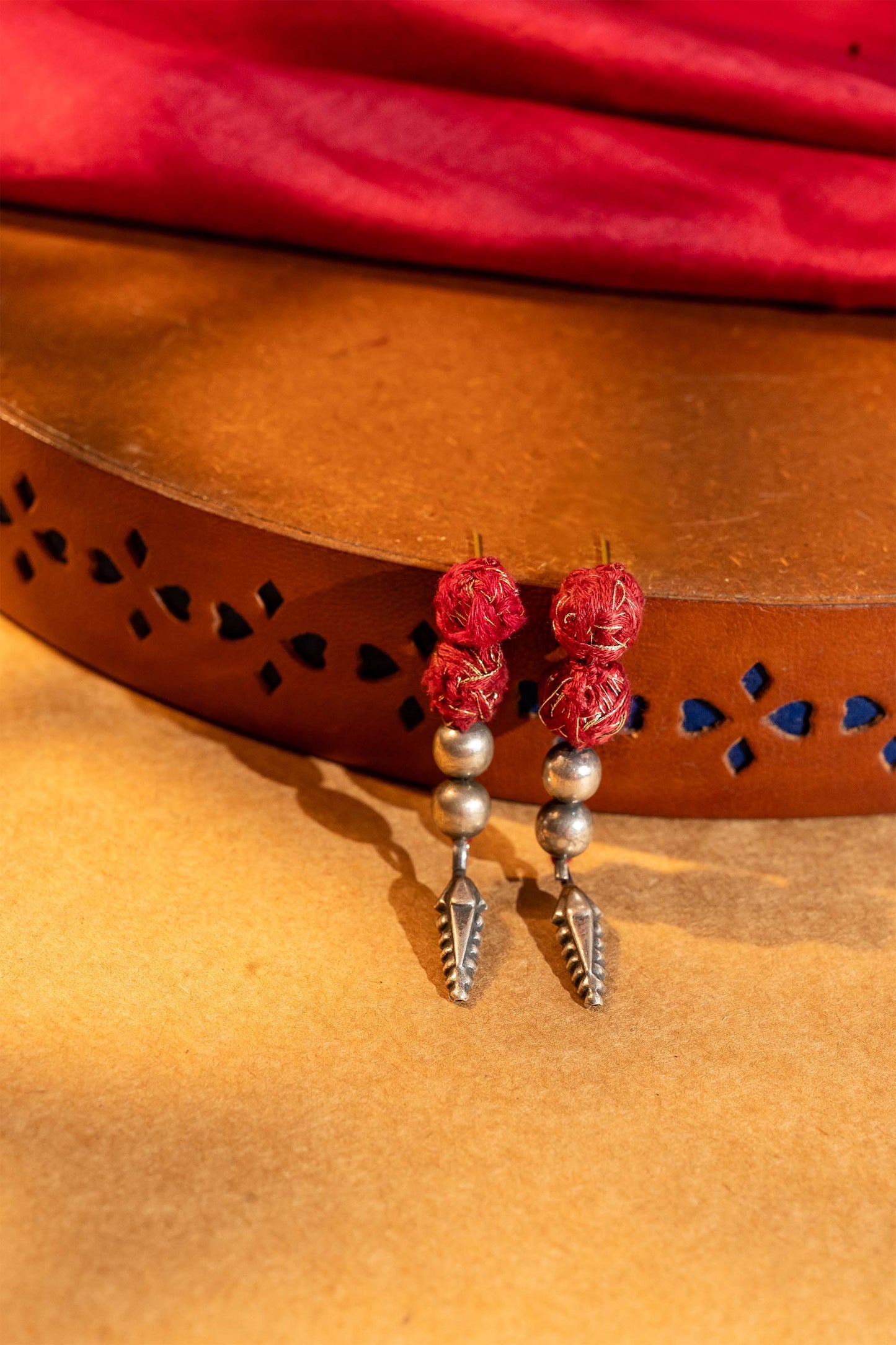 Red Thread Ball and Leaf Drop Earrings