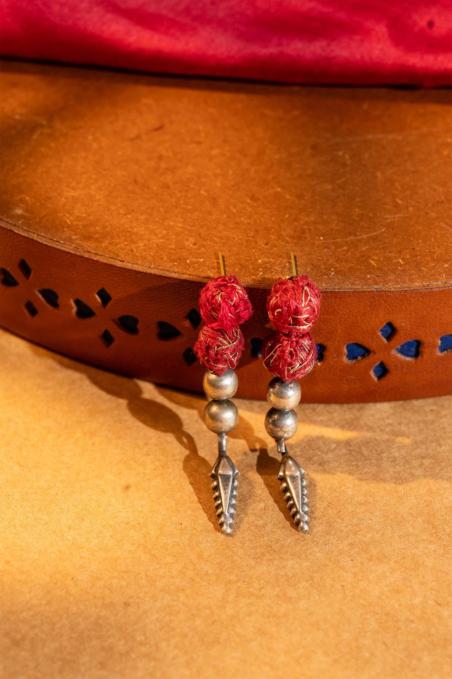 Red Thread Ball and Leaf Drop Earrings