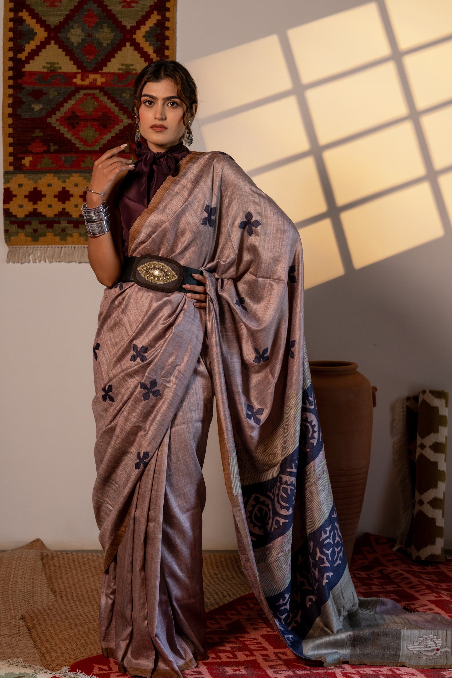 Handcrafted Lavender Tussar Silk Saree – Artisanal Appliqué Elegance
