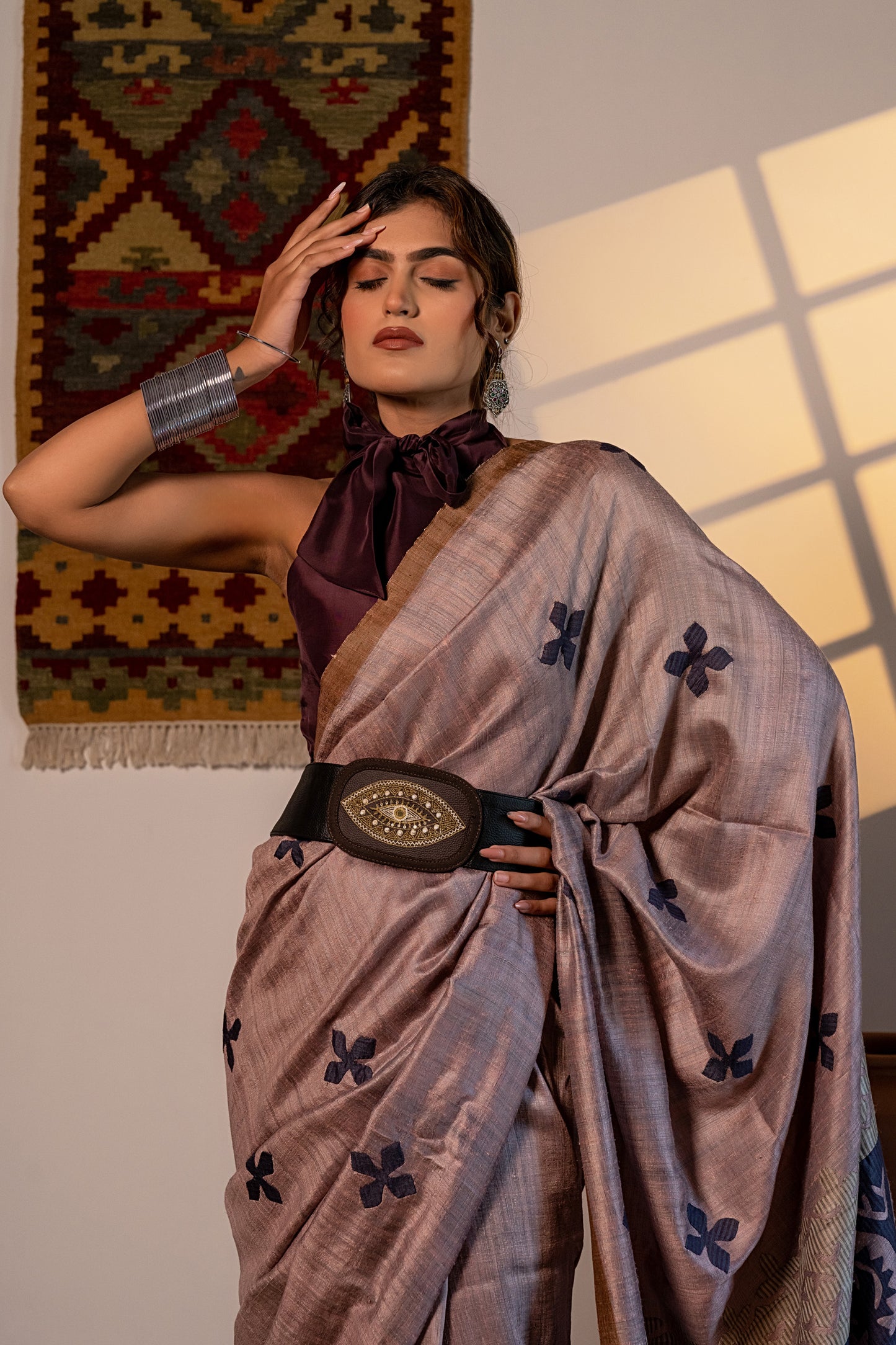 Handcrafted Lavender Tussar Silk Saree – Artisanal Appliqué Elegance