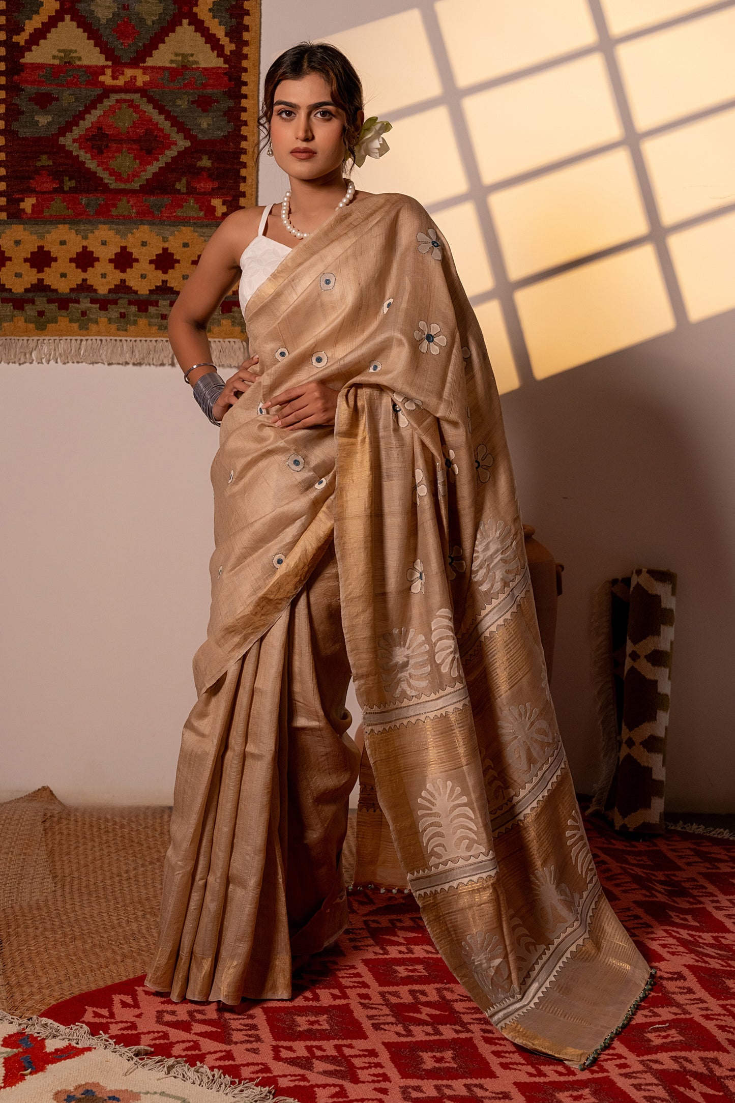 Festive Ivory Tussar Silk Saree With Handcrafted Appliqué and Floral Embroidery