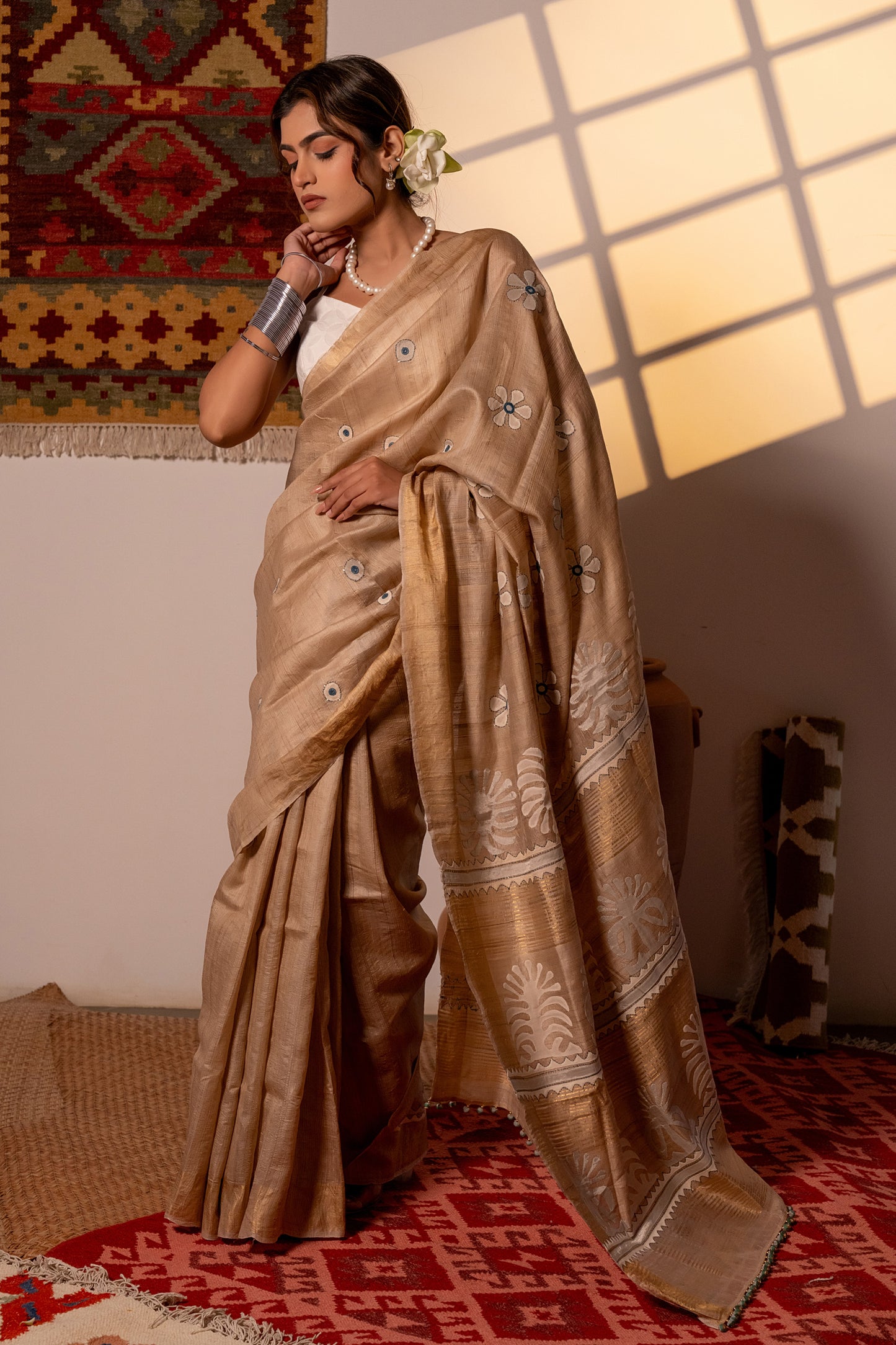 Festive Ivory Tussar Silk Saree With Handcrafted Appliqué and Floral Embroidery