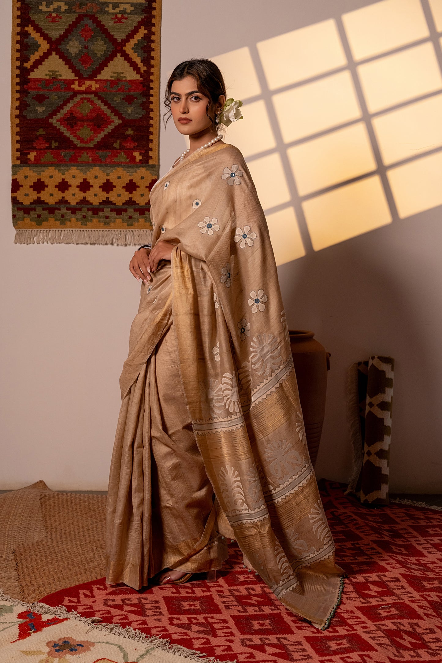 Festive Ivory Tussar Silk Saree With Handcrafted Appliqué and Floral Embroidery