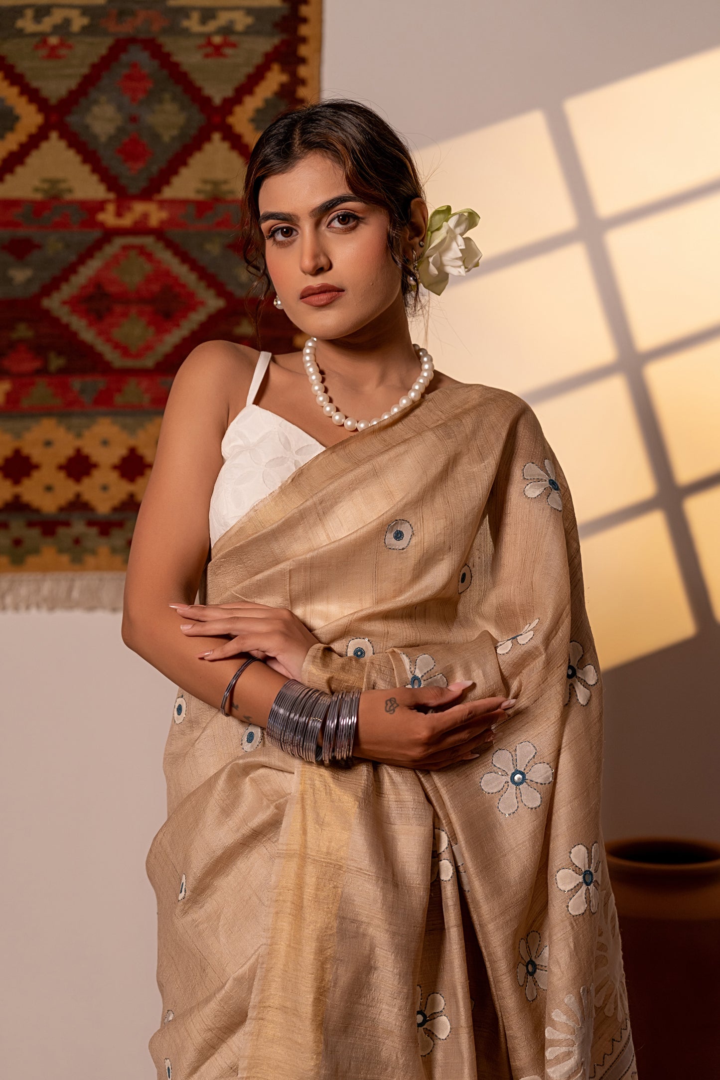 Festive Ivory Tussar Silk Saree With Handcrafted Appliqué and Floral Embroidery