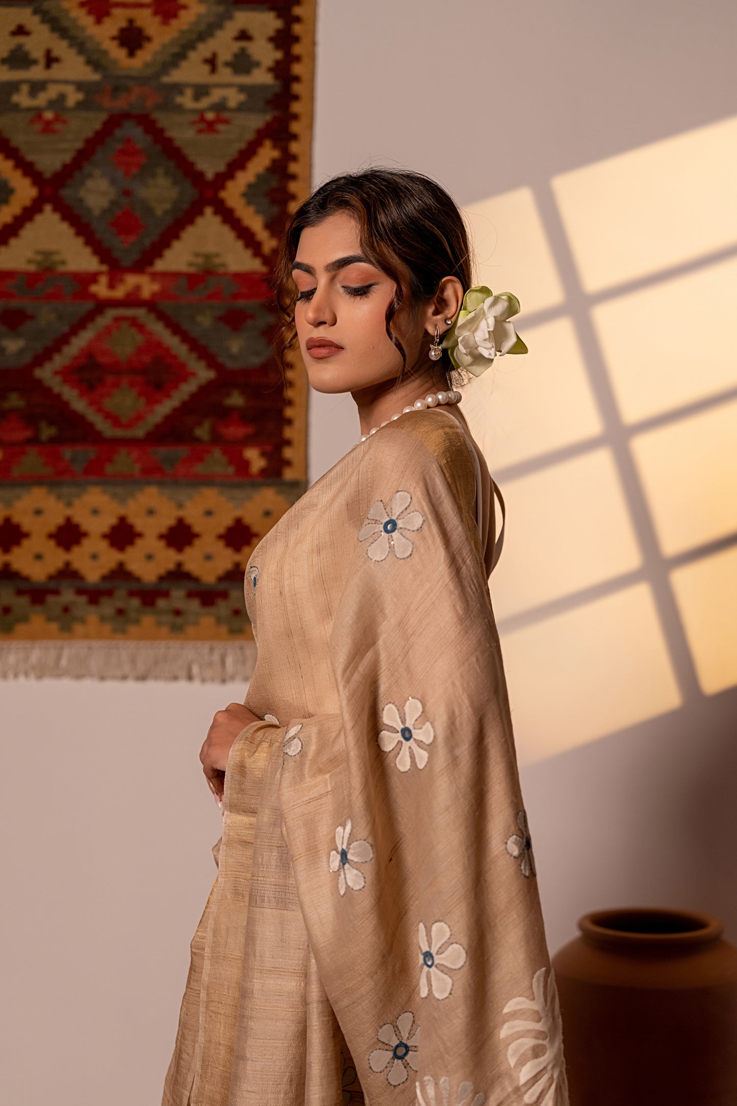 Festive Ivory Tussar Silk Saree With Handcrafted Appliqué and Floral Embroidery