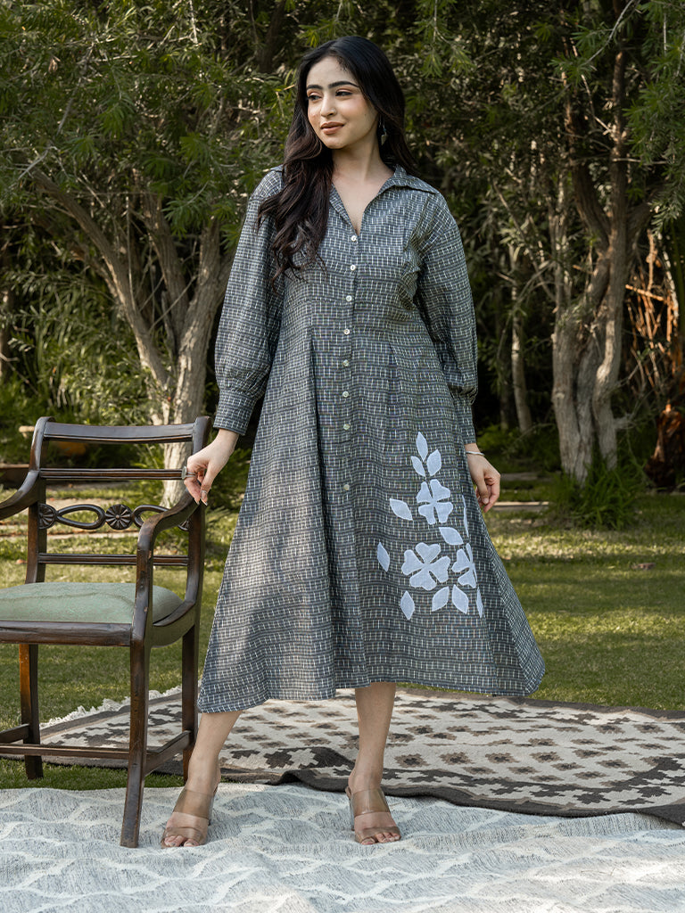 Front Open Shirt Dress - Grey