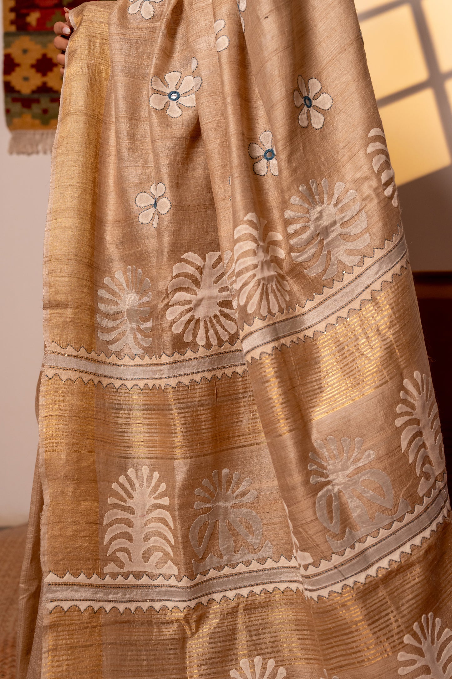 Festive Ivory Tussar Silk Saree With Handcrafted Appliqué and Floral Embroidery
