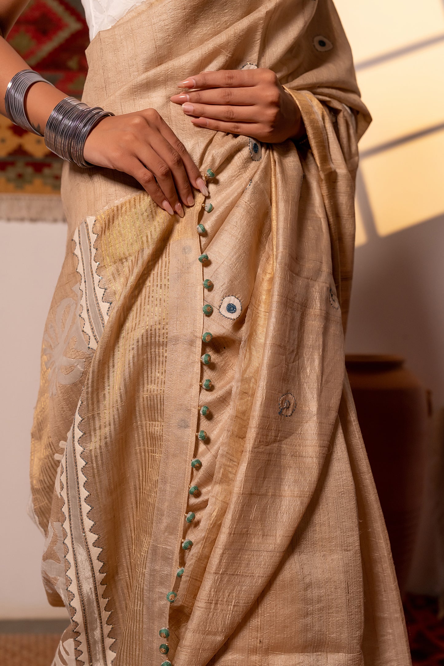 Festive Ivory Tussar Silk Saree With Handcrafted Appliqué and Floral Embroidery