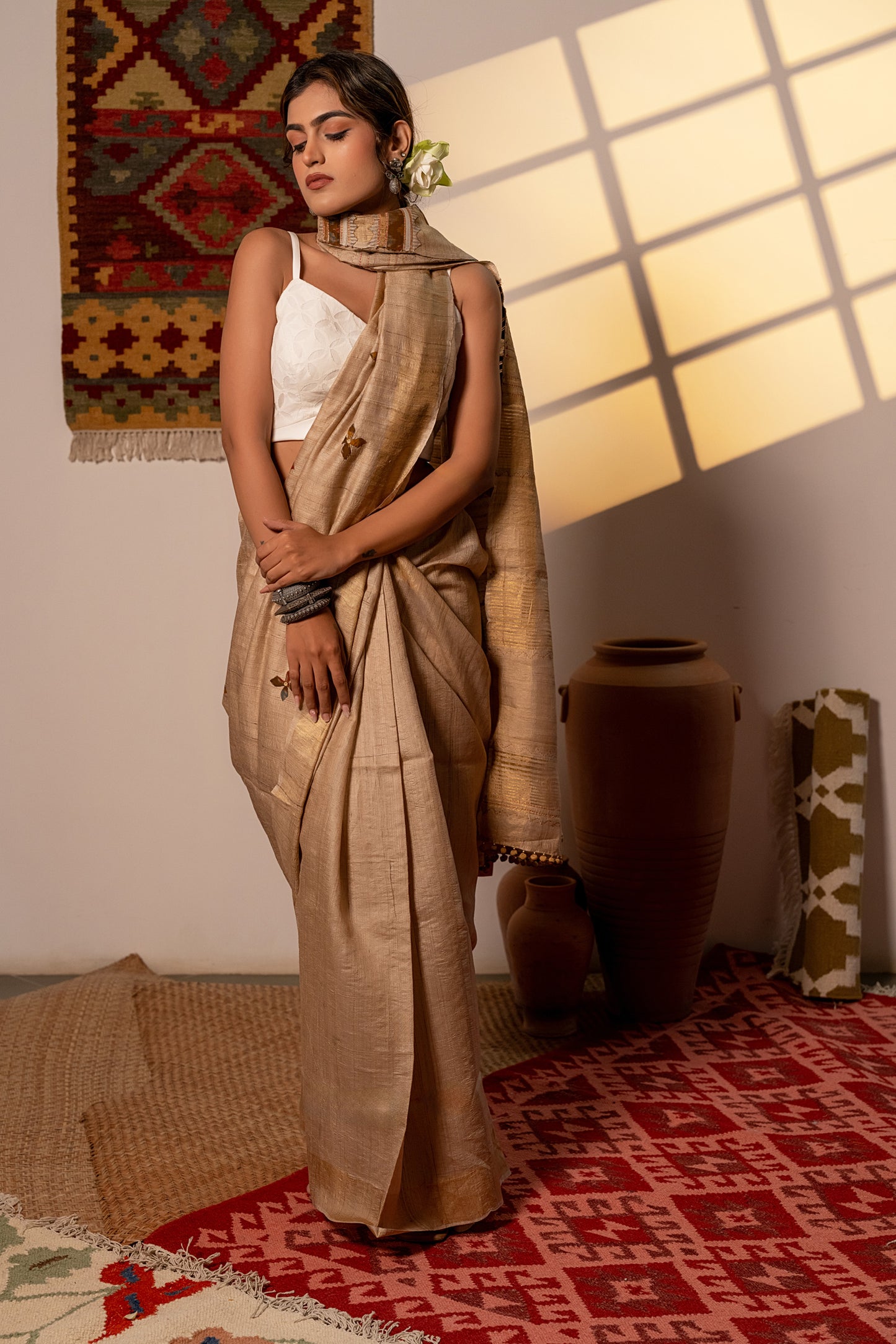 Artisanal Ivory Tussar Silk Saree With Subtle Appliqué Work
