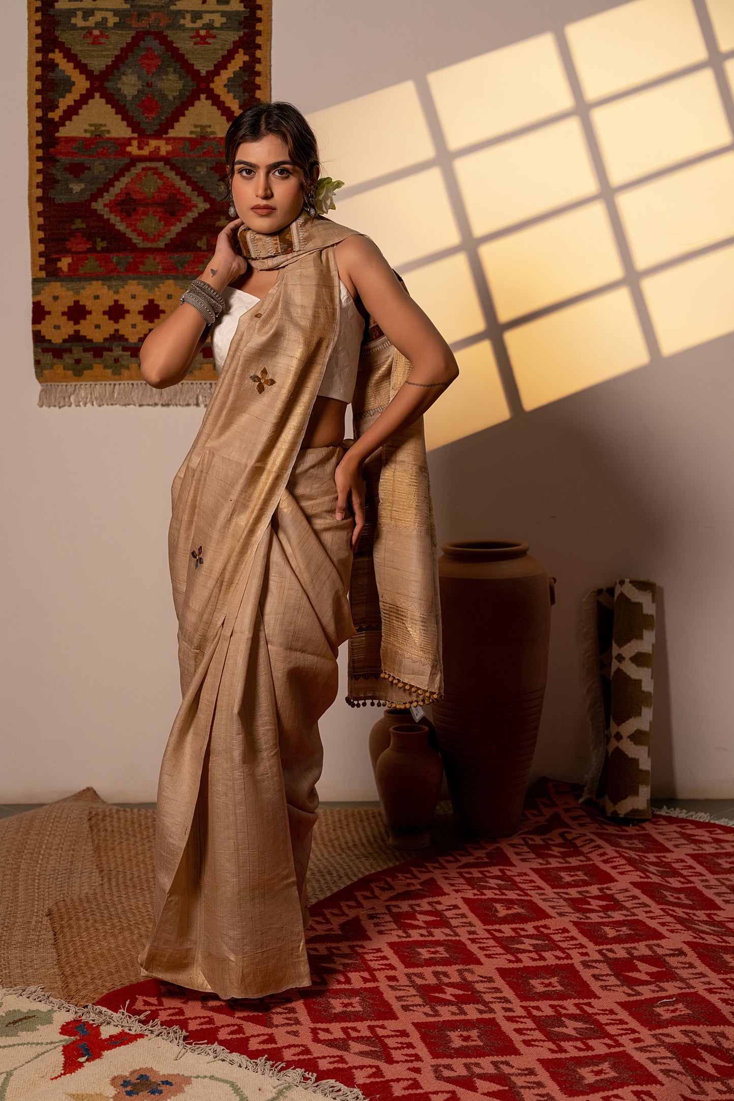 Artisanal Ivory Tussar Silk Saree With Subtle Appliqué Work
