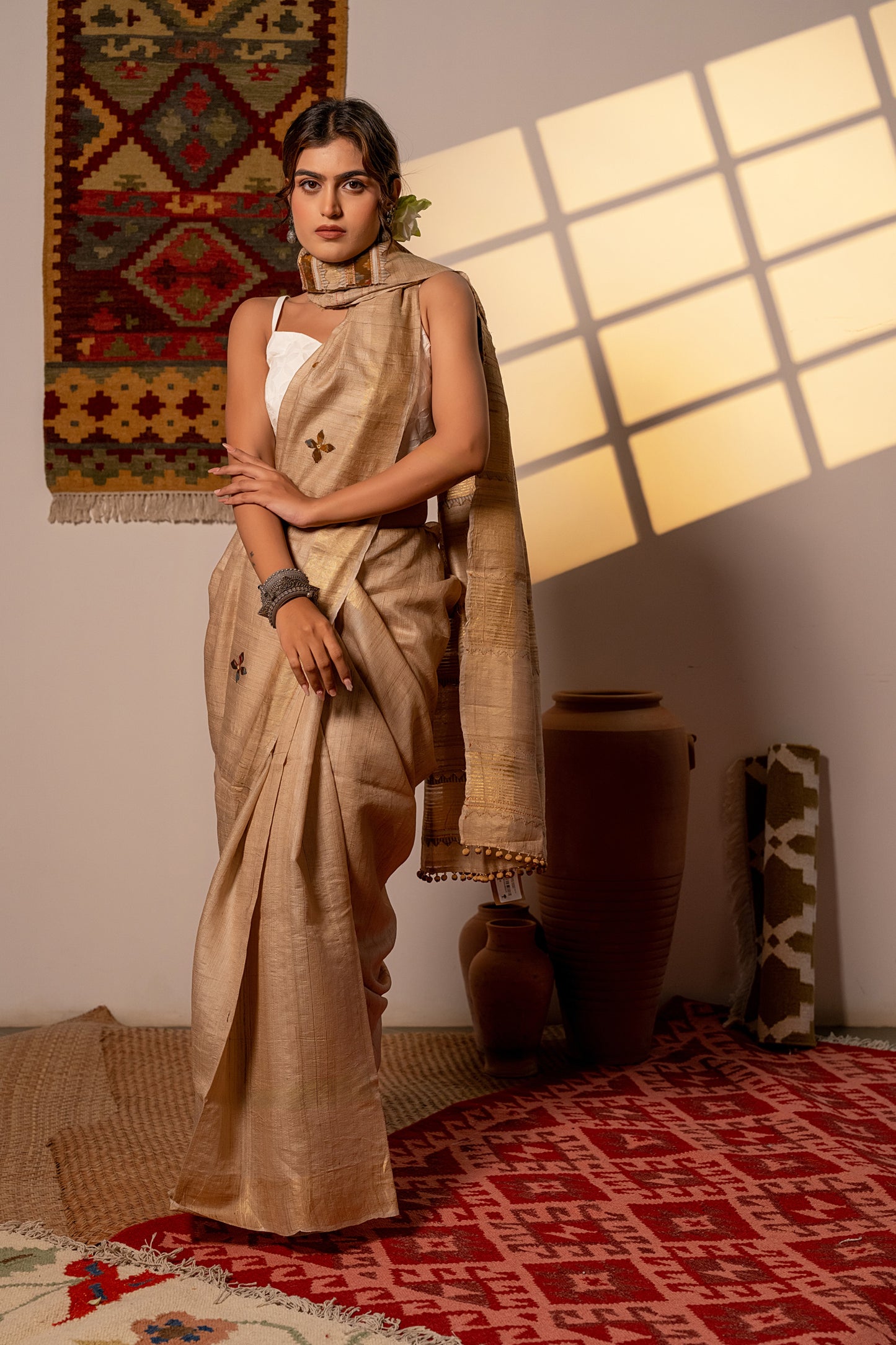 Artisanal Ivory Tussar Silk Saree With Subtle Appliqué Work