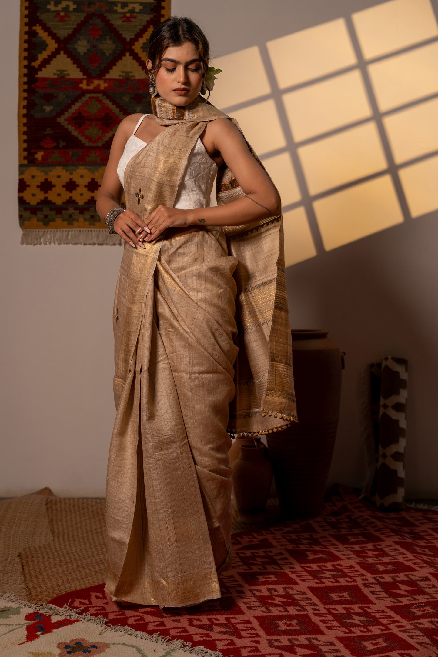 Artisanal Ivory Tussar Silk Saree With Subtle Appliqué Work