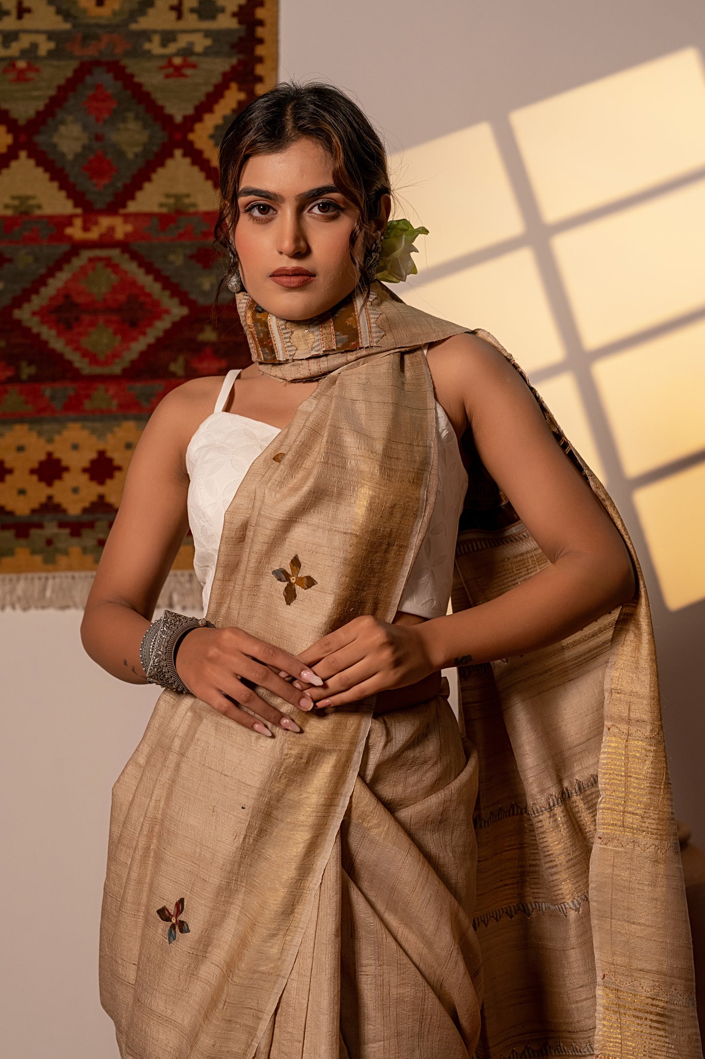 Artisanal Ivory Tussar Silk Saree With Subtle Appliqué Work