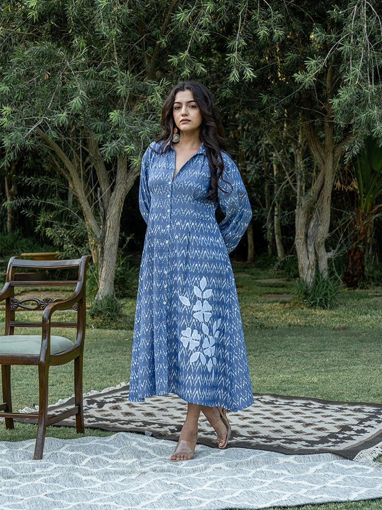 Front Open Shirt Dress - Blue