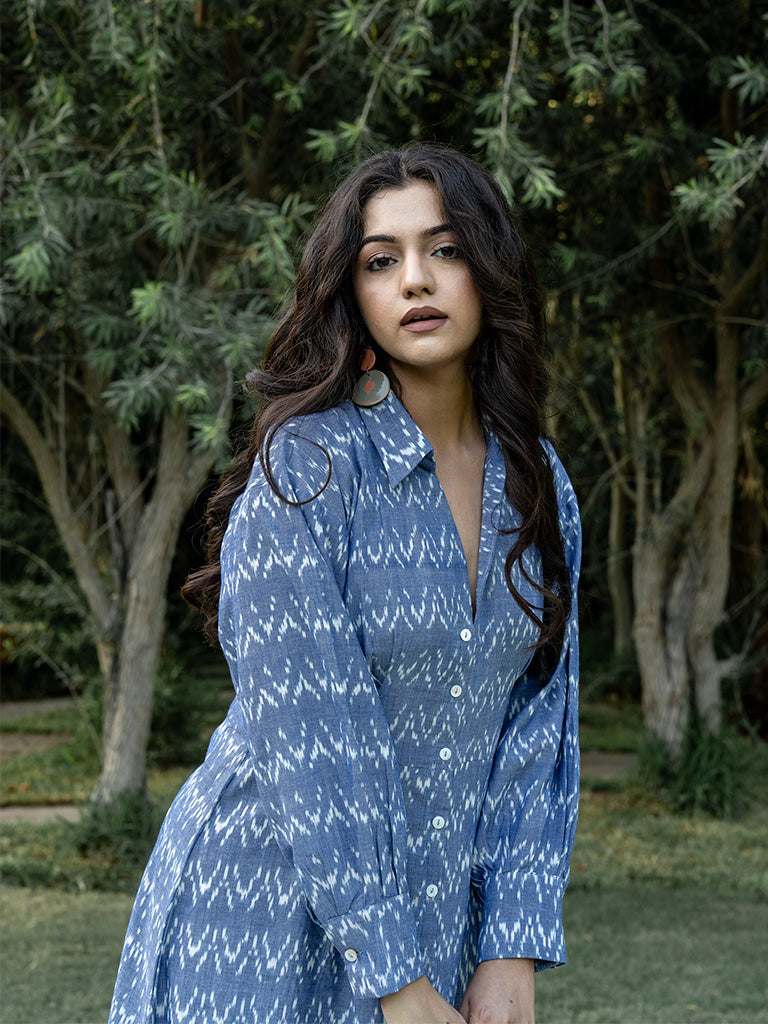 Front Open Shirt Dress - Blue