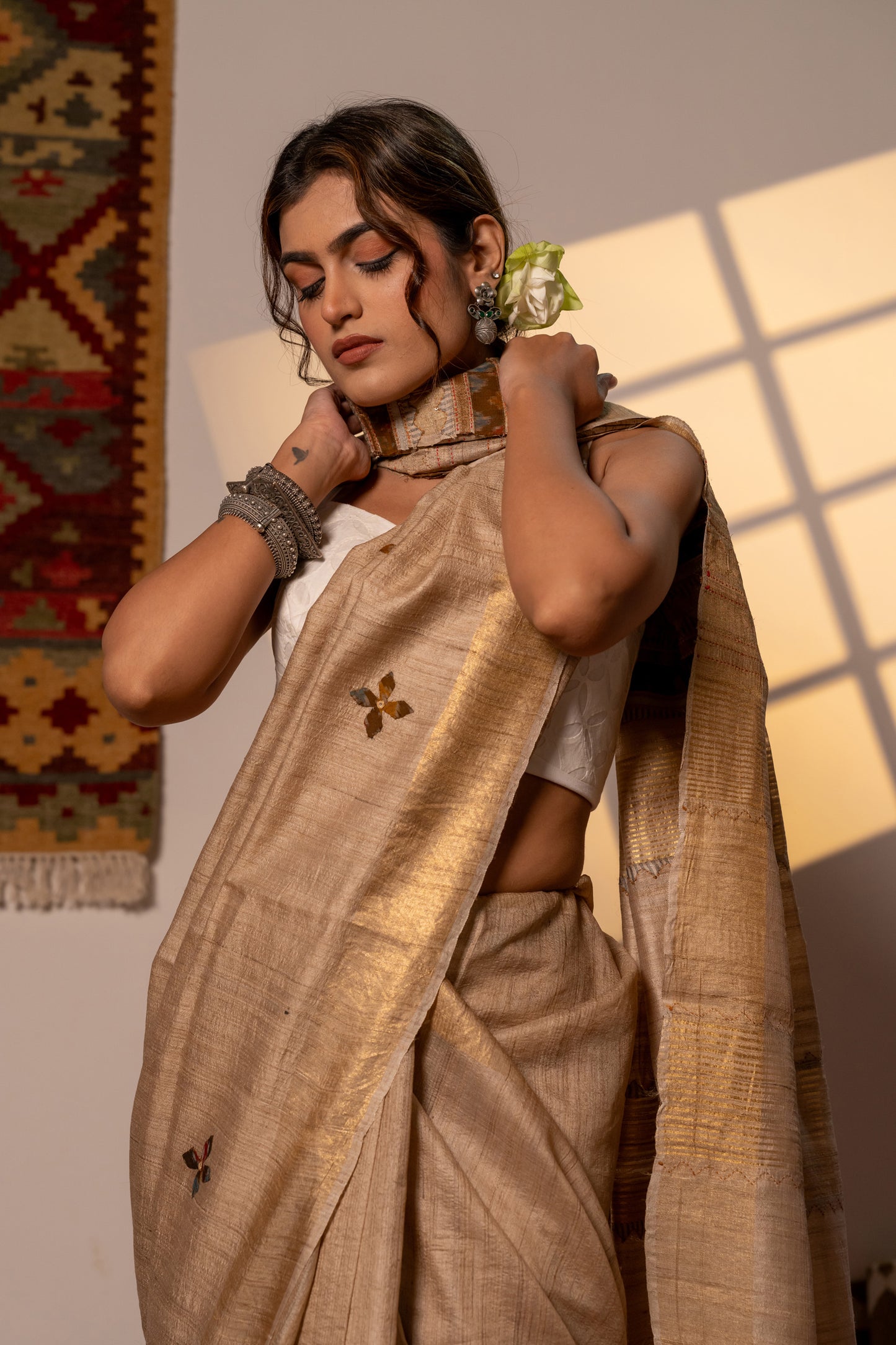 Artisanal Ivory Tussar Silk Saree With Subtle Appliqué Work