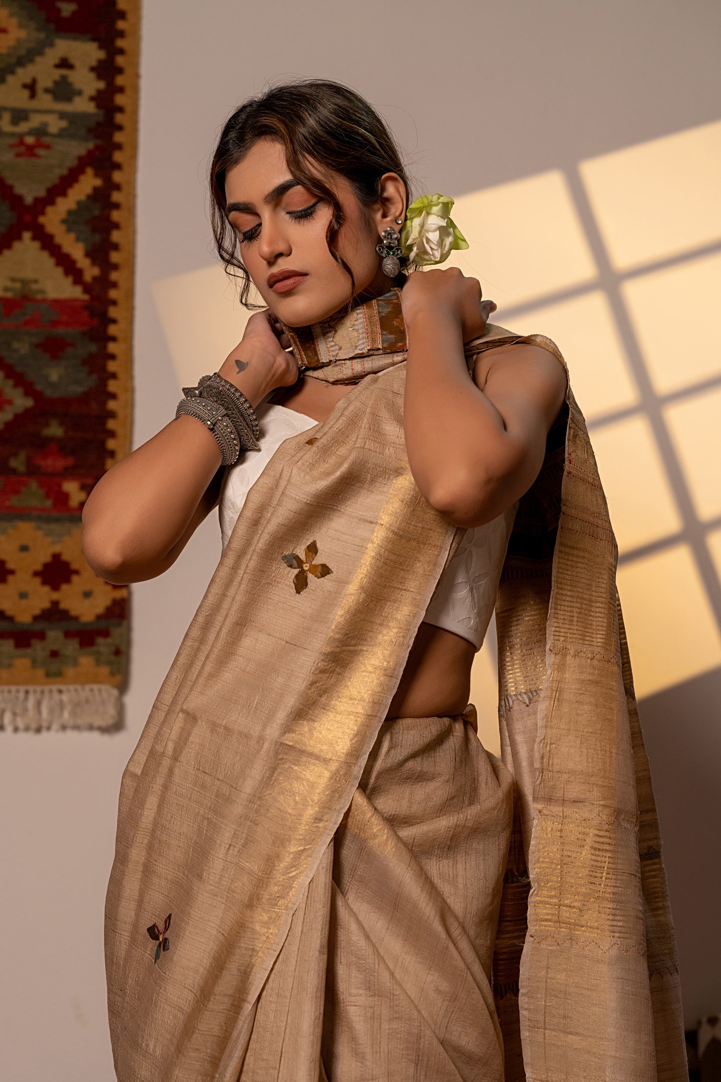Artisanal Ivory Tussar Silk Saree With Subtle Appliqué Work