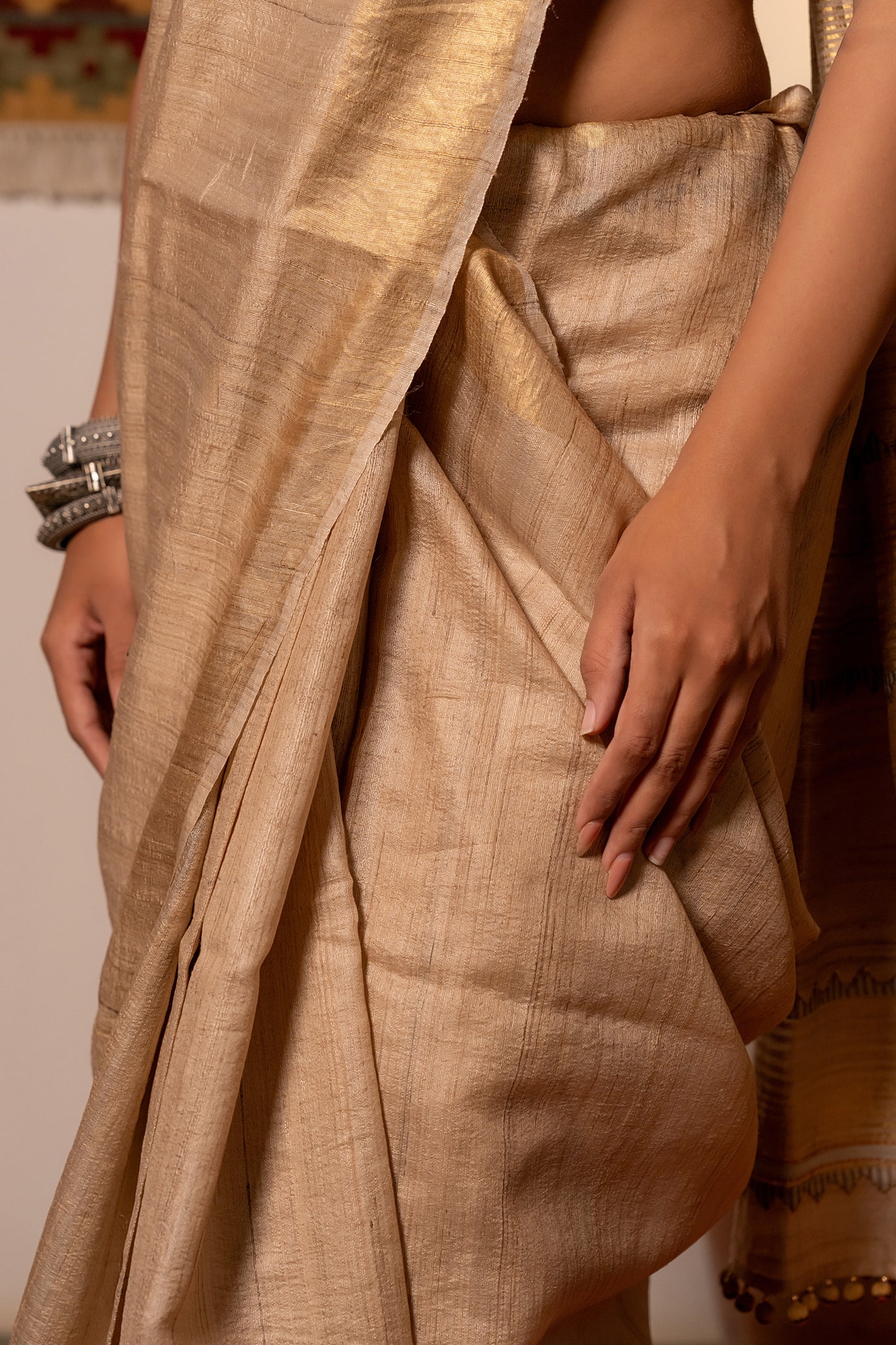 Artisanal Ivory Tussar Silk Saree With Subtle Appliqué Work