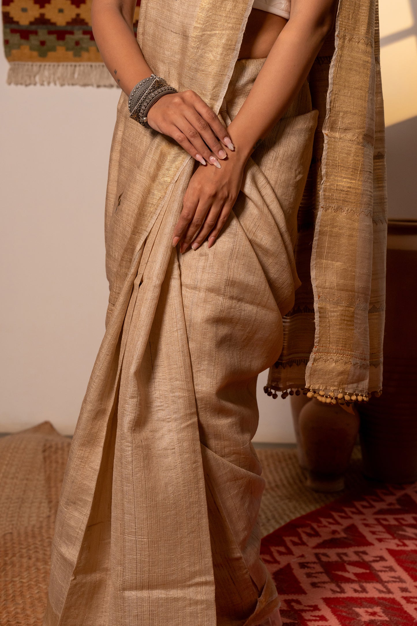 Artisanal Ivory Tussar Silk Saree With Subtle Appliqué Work