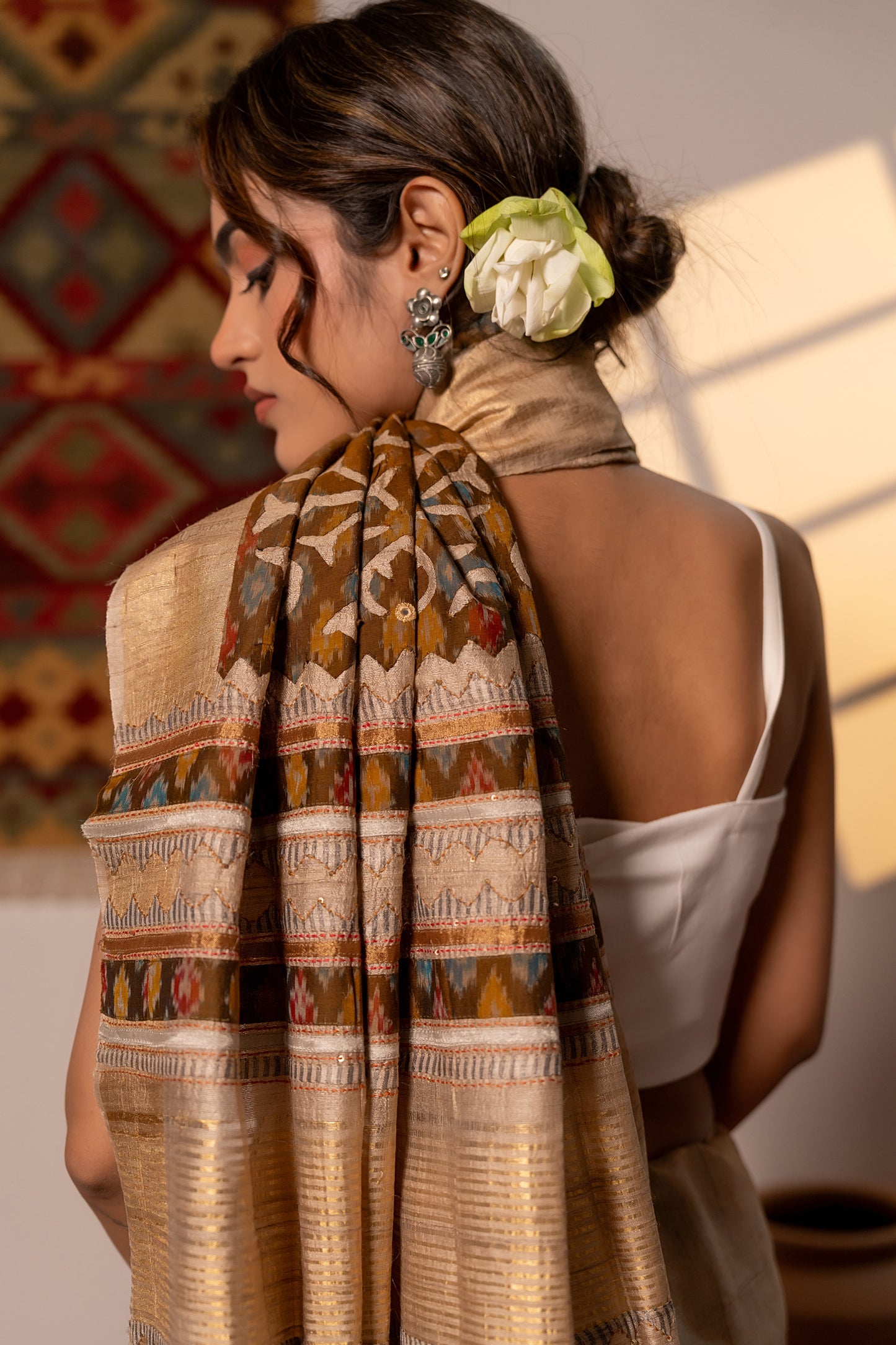 Artisanal Ivory Tussar Silk Saree With Subtle Appliqué Work