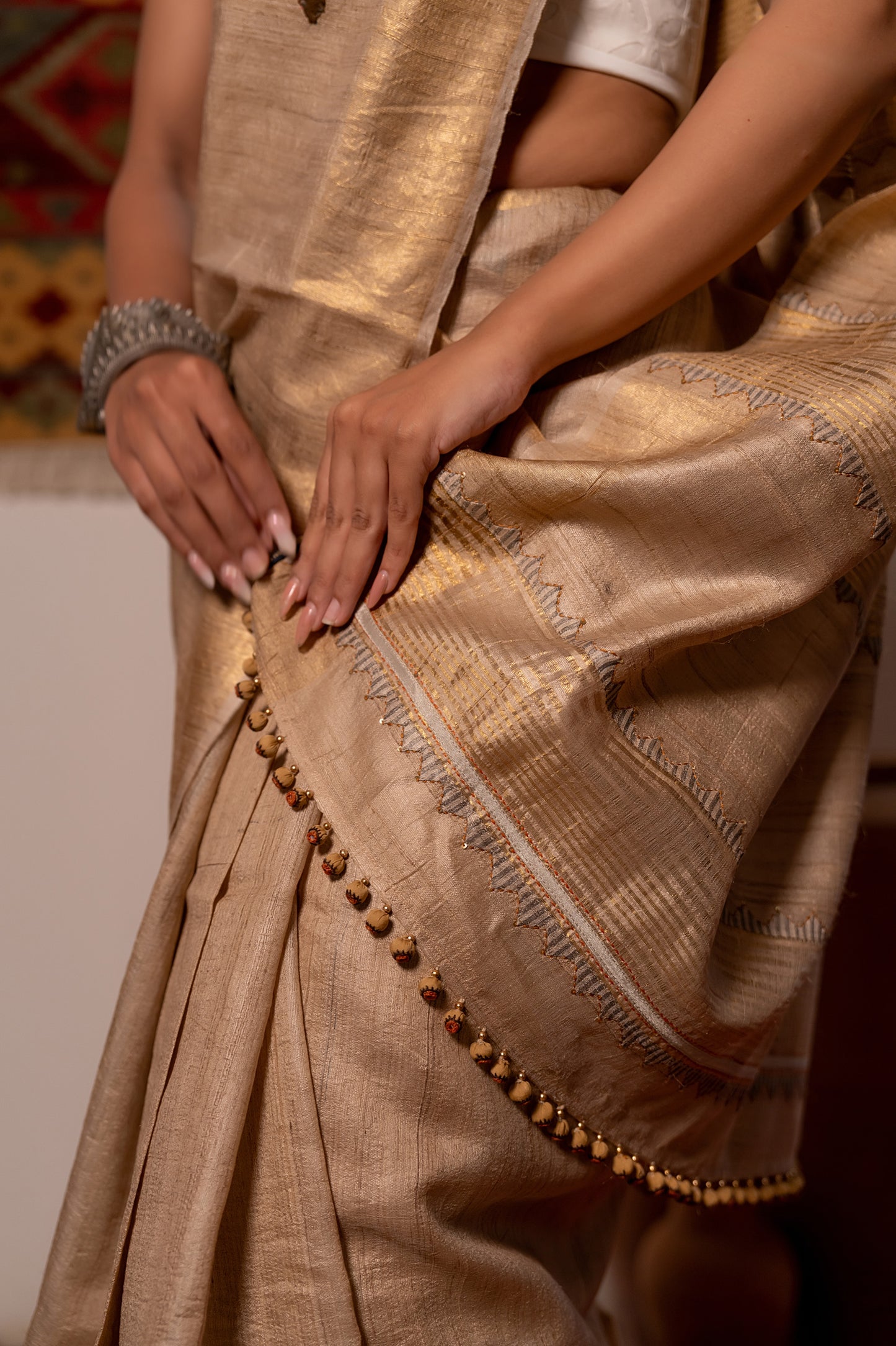 Artisanal Ivory Tussar Silk Saree With Subtle Appliqué Work
