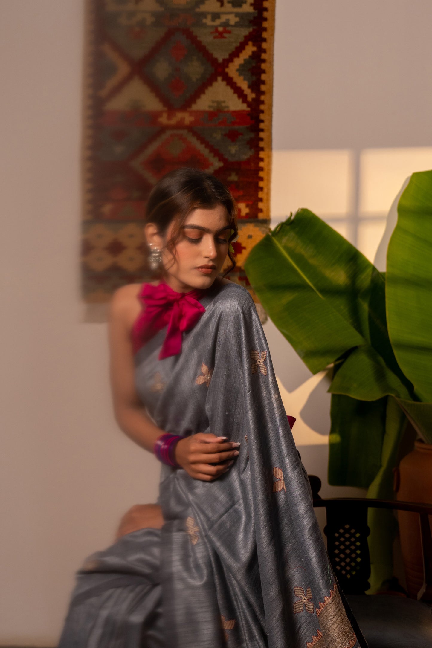 Exclusive Dark Grey Tussar Silk Saree With Handcrafted Appliqué Motifs