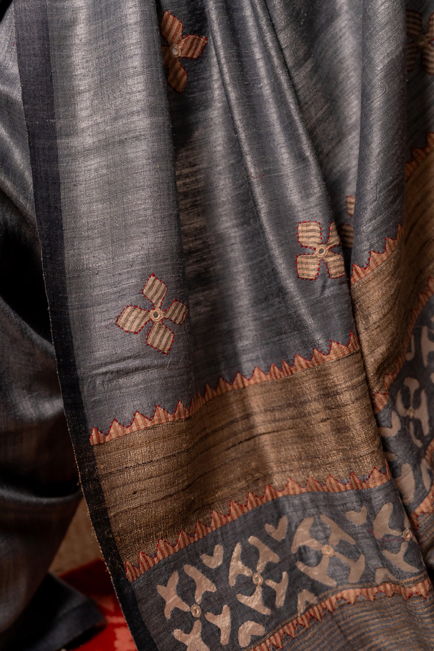 Exclusive Dark Grey Tussar Silk Saree With Handcrafted Appliqué Motifs