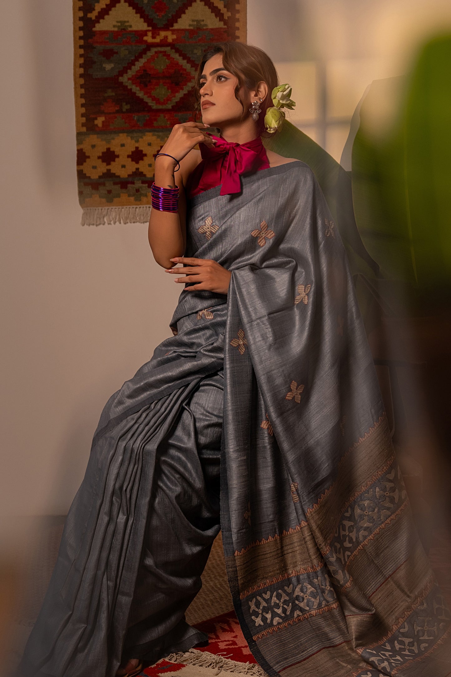 Exclusive Dark Grey Tussar Silk Saree With Handcrafted Appliqué Motifs