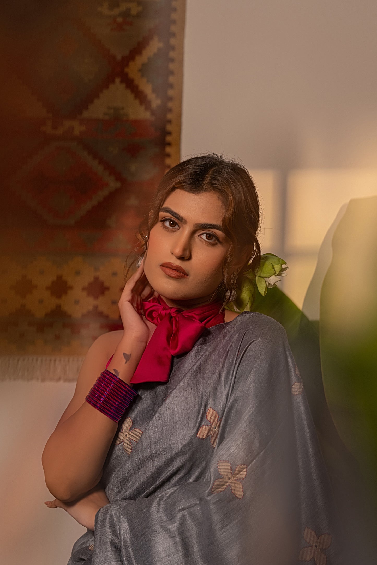 Exclusive Dark Grey Tussar Silk Saree With Handcrafted Appliqué Motifs
