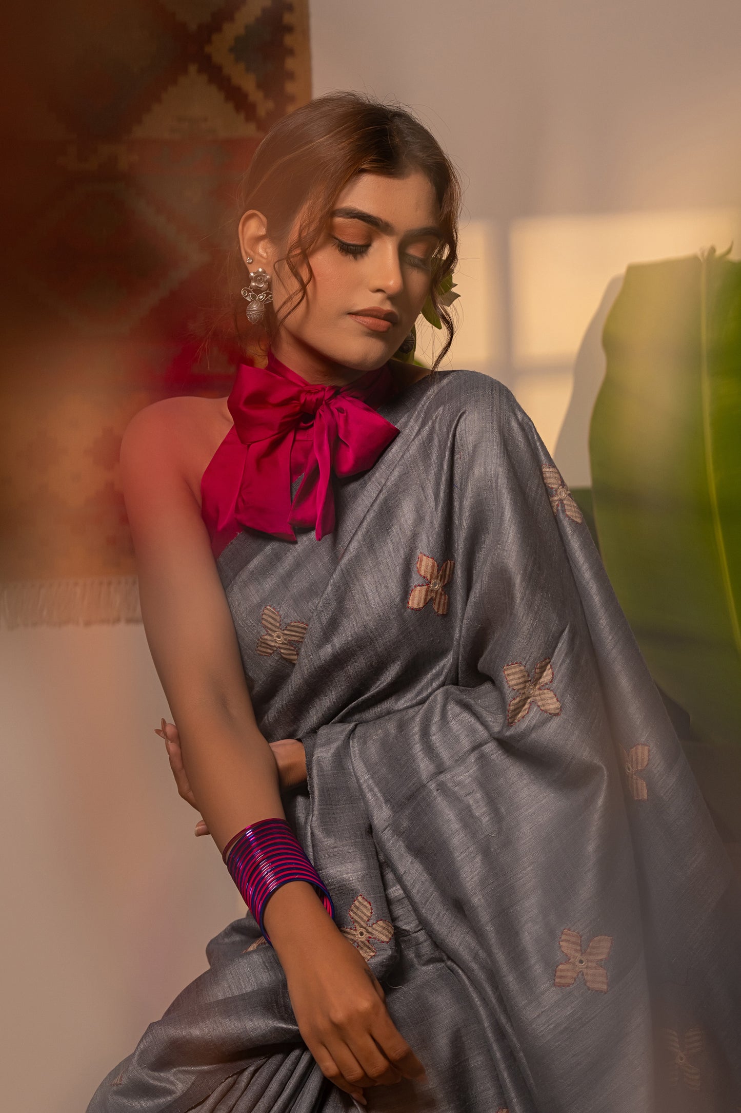 Exclusive Dark Grey Tussar Silk Saree With Handcrafted Appliqué Motifs