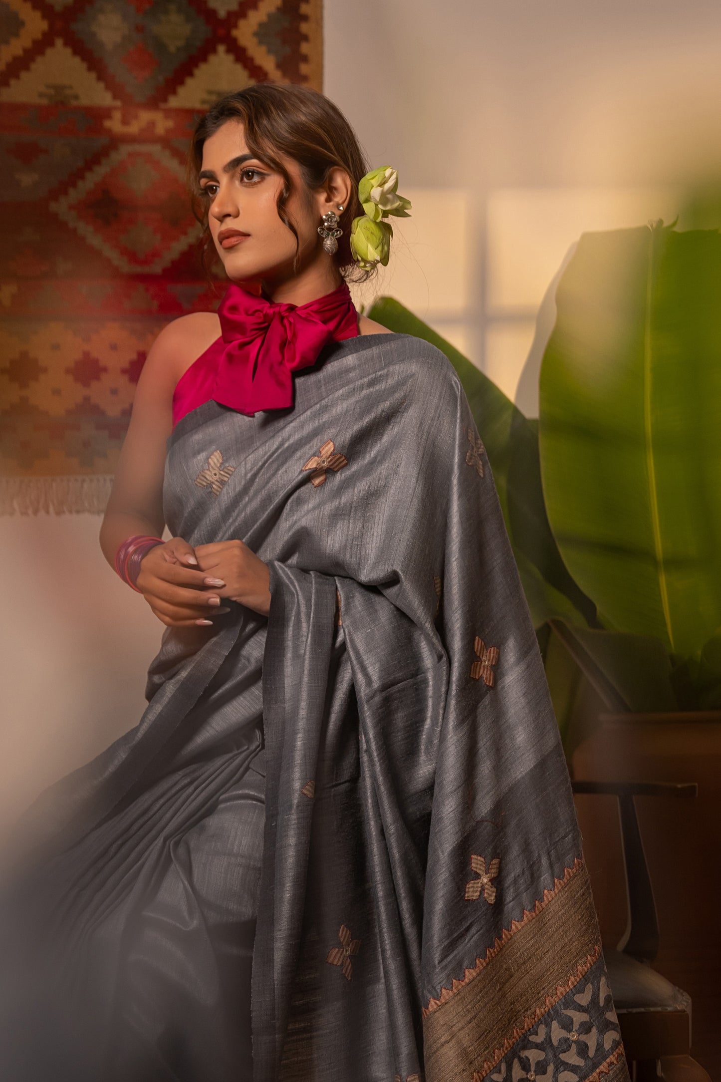 Exclusive Dark Grey Tussar Silk Saree With Handcrafted Appliqué Motifs