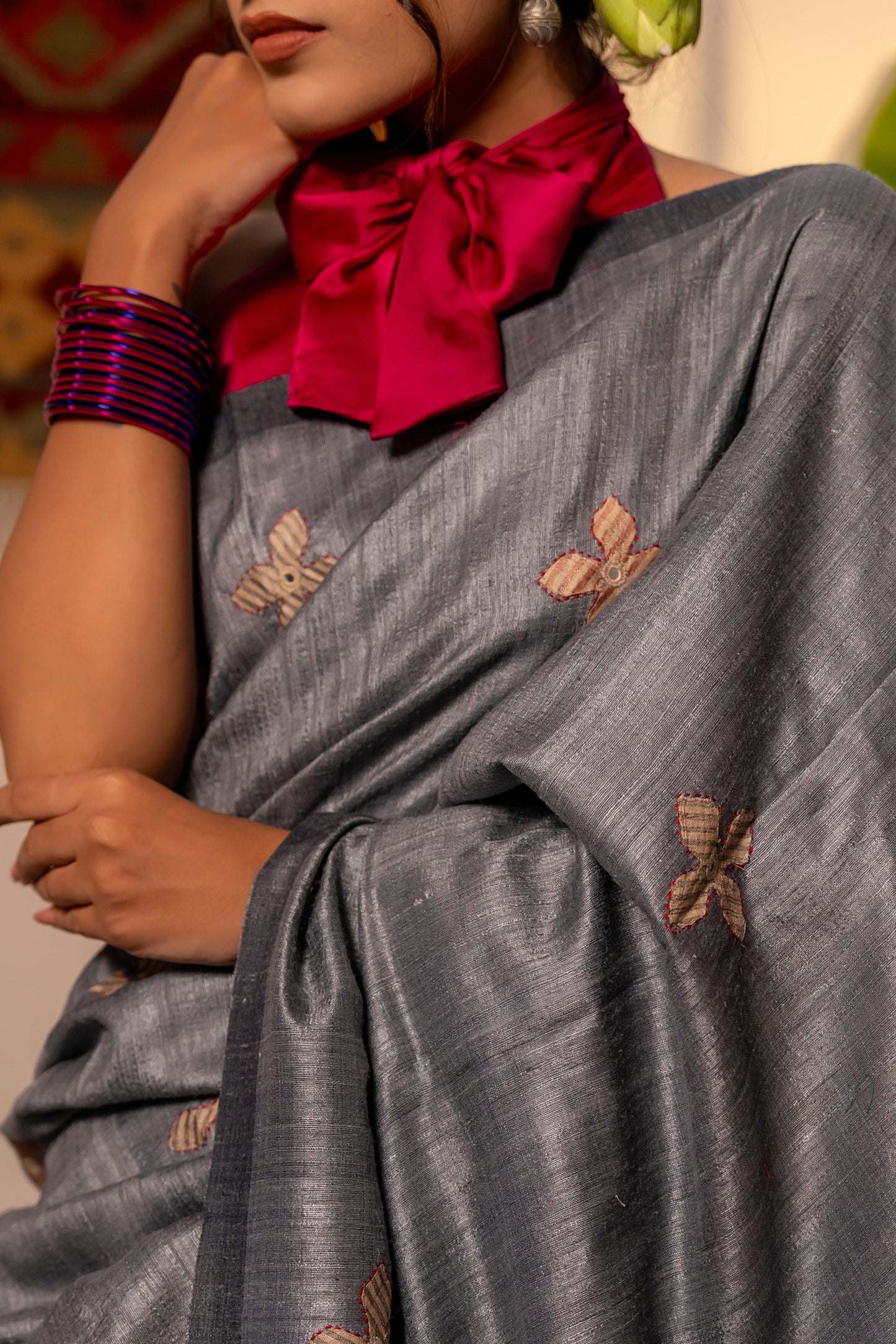 Exclusive Dark Grey Tussar Silk Saree With Handcrafted Appliqué Motifs
