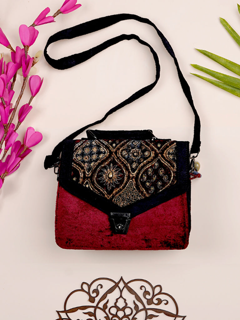 Ajrakh With Zardosi Flap Sling Bag