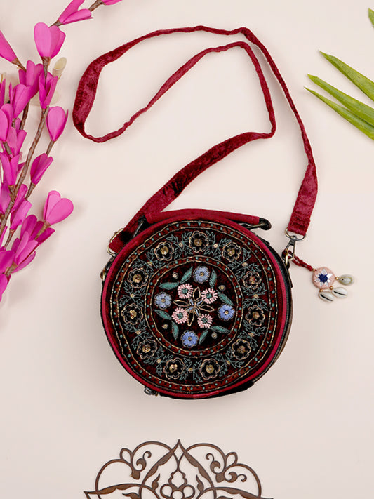 Floral Ajrakh Circular Sling Bag