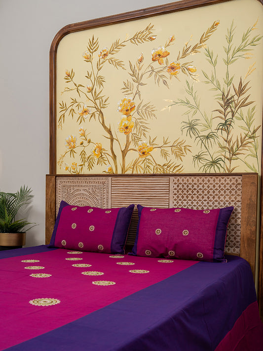 Pink Purple Aari Circular Butta Bedsheet Set