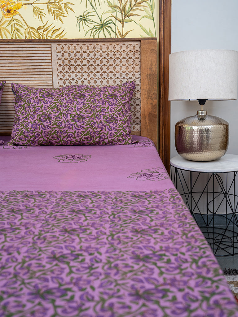 Purple Block Print Cotton Bedsheet Set