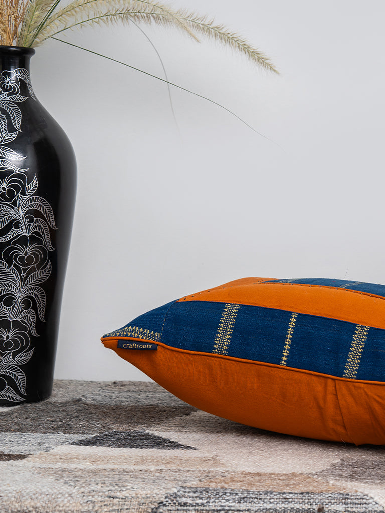 Blue-Rust Bhujodi Tucks Cushion Cover