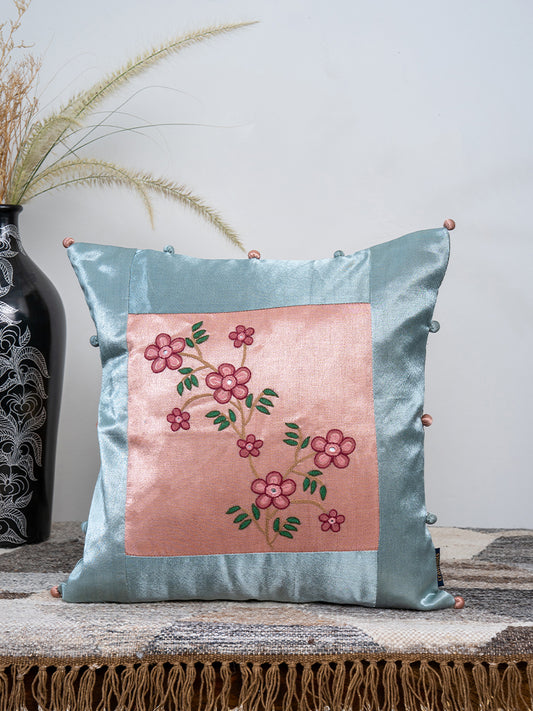 Peach Floral Aari Hand-Embroidered Cushion Cover