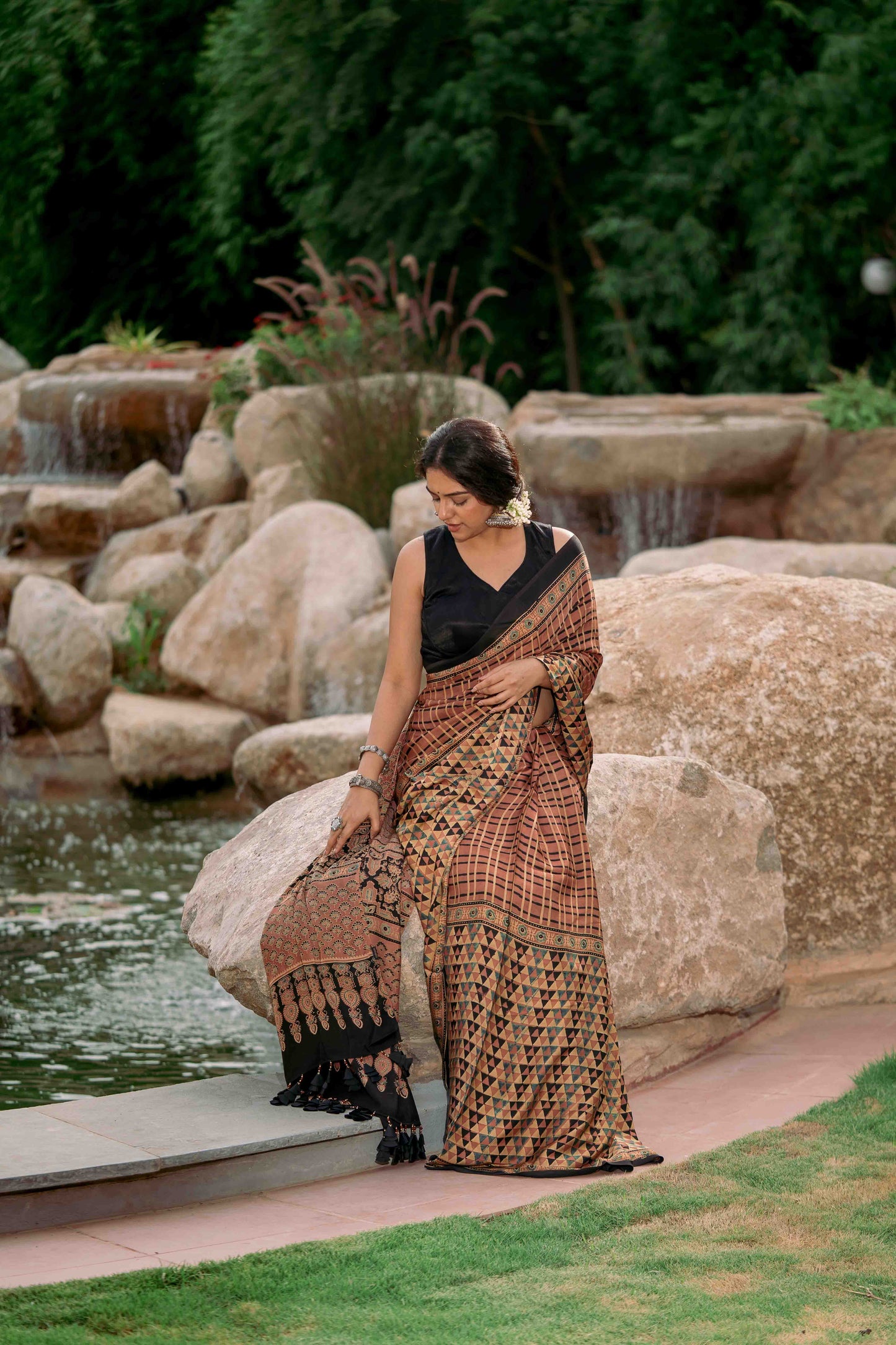 Ajrakh All Over Floral Modal Saree With Tassels