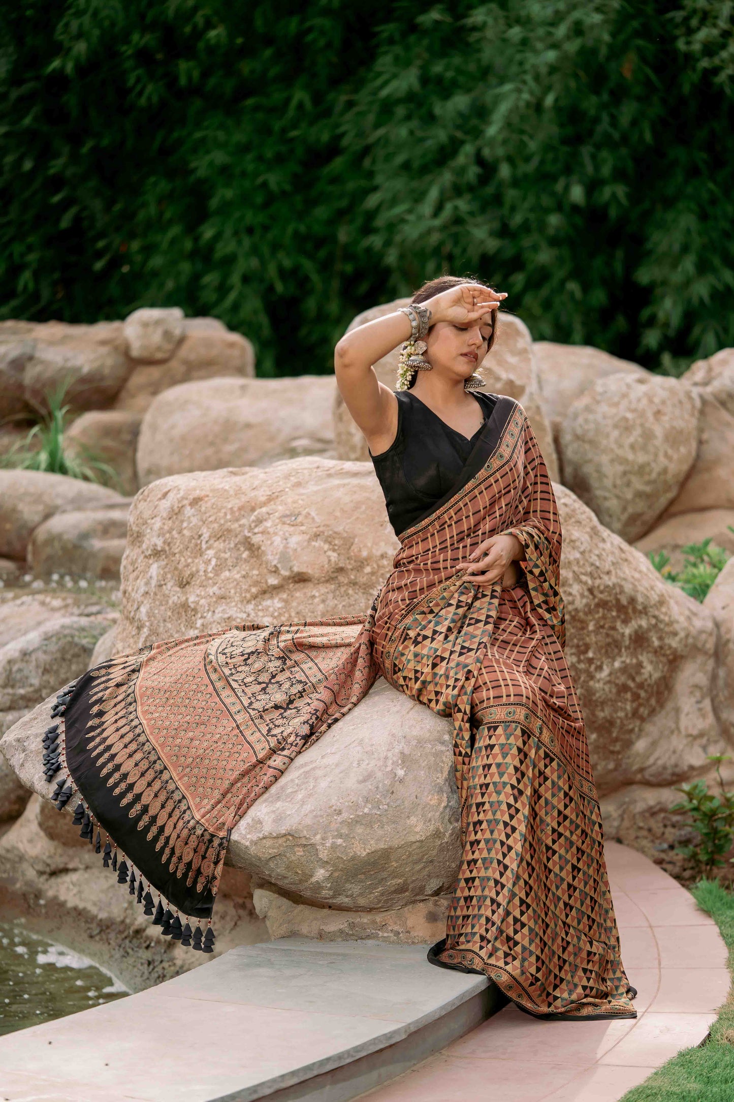 Ajrakh All Over Floral Modal Saree With Tassels