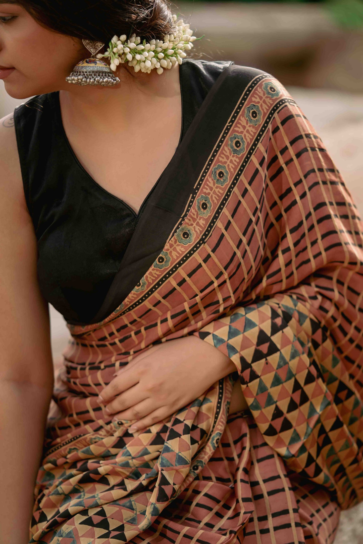 Ajrakh All Over Floral Modal Saree With Tassels