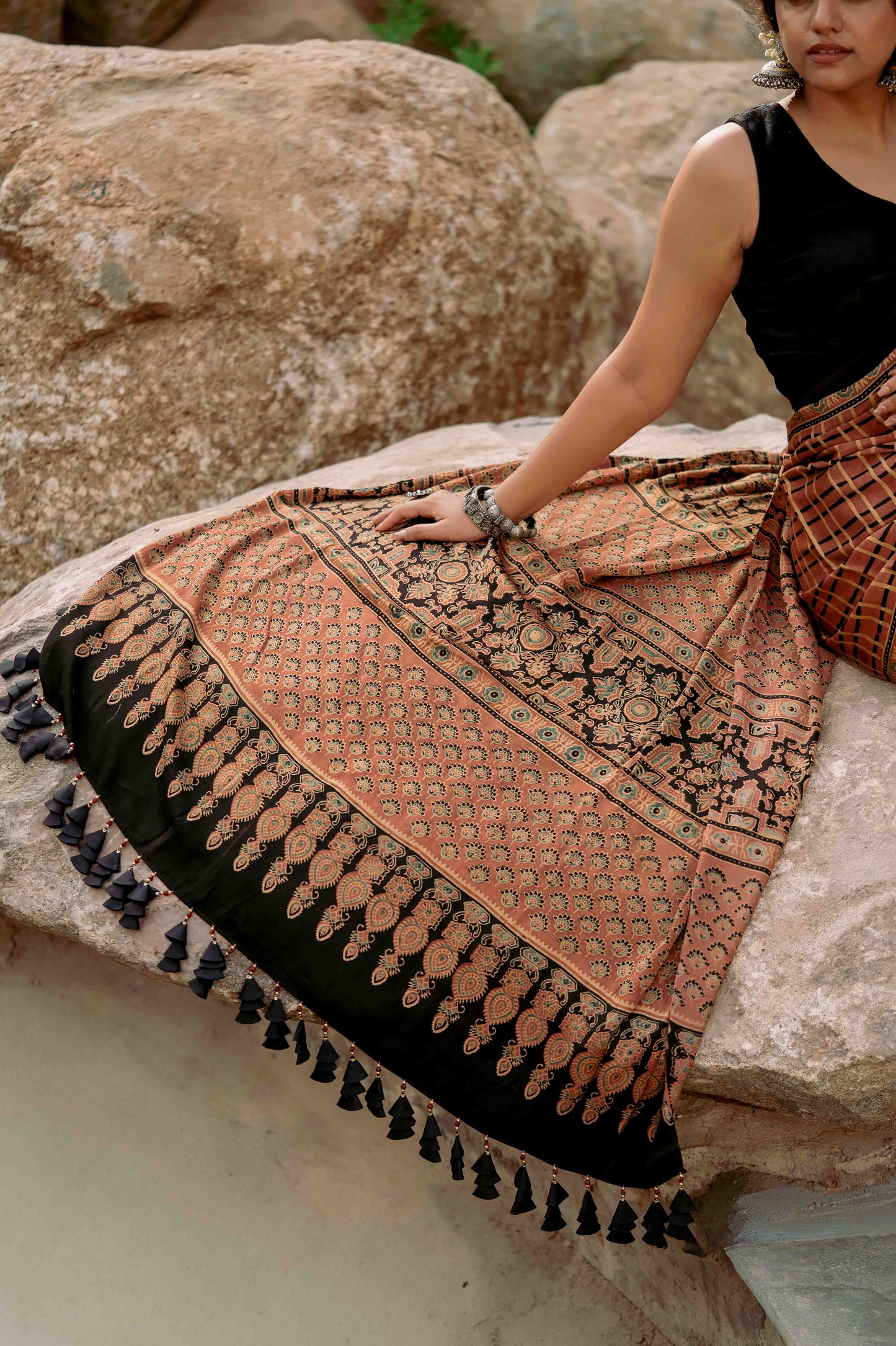 Ajrakh All Over Floral Modal Saree With Tassels